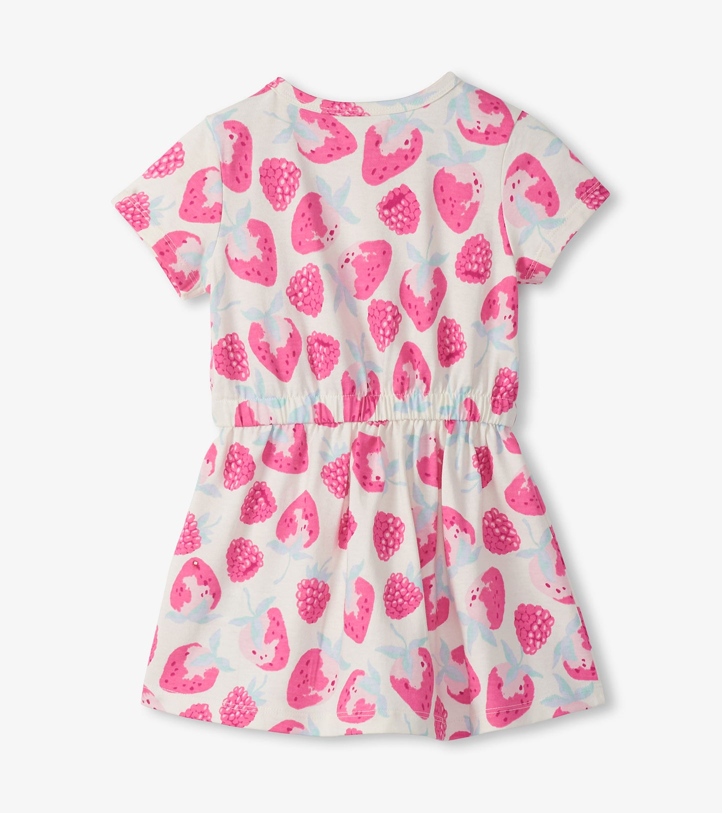 Girls short sleeve dress with pink berry print on white, gathered waist, front view