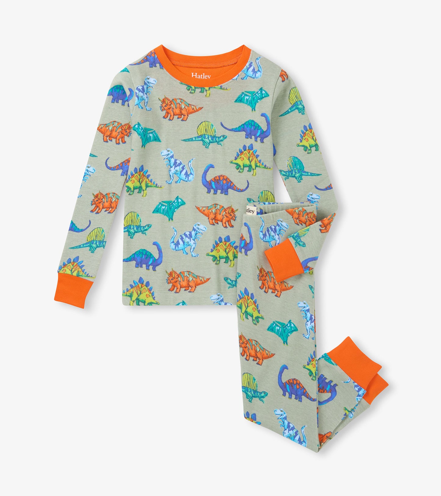 Two-piece boys pajama set in sage green with colorful dinosaur print and bright orange neck, cuffs and ankles