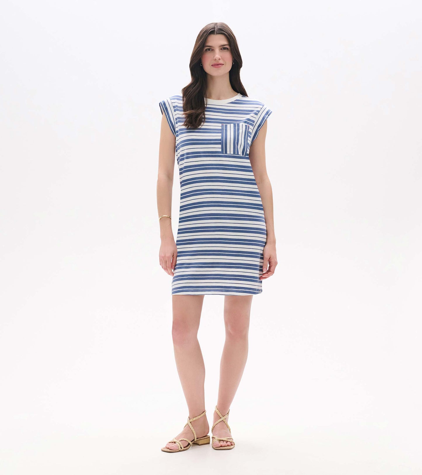 Full front view of blue and white striped pocket tee dress falling above the knee