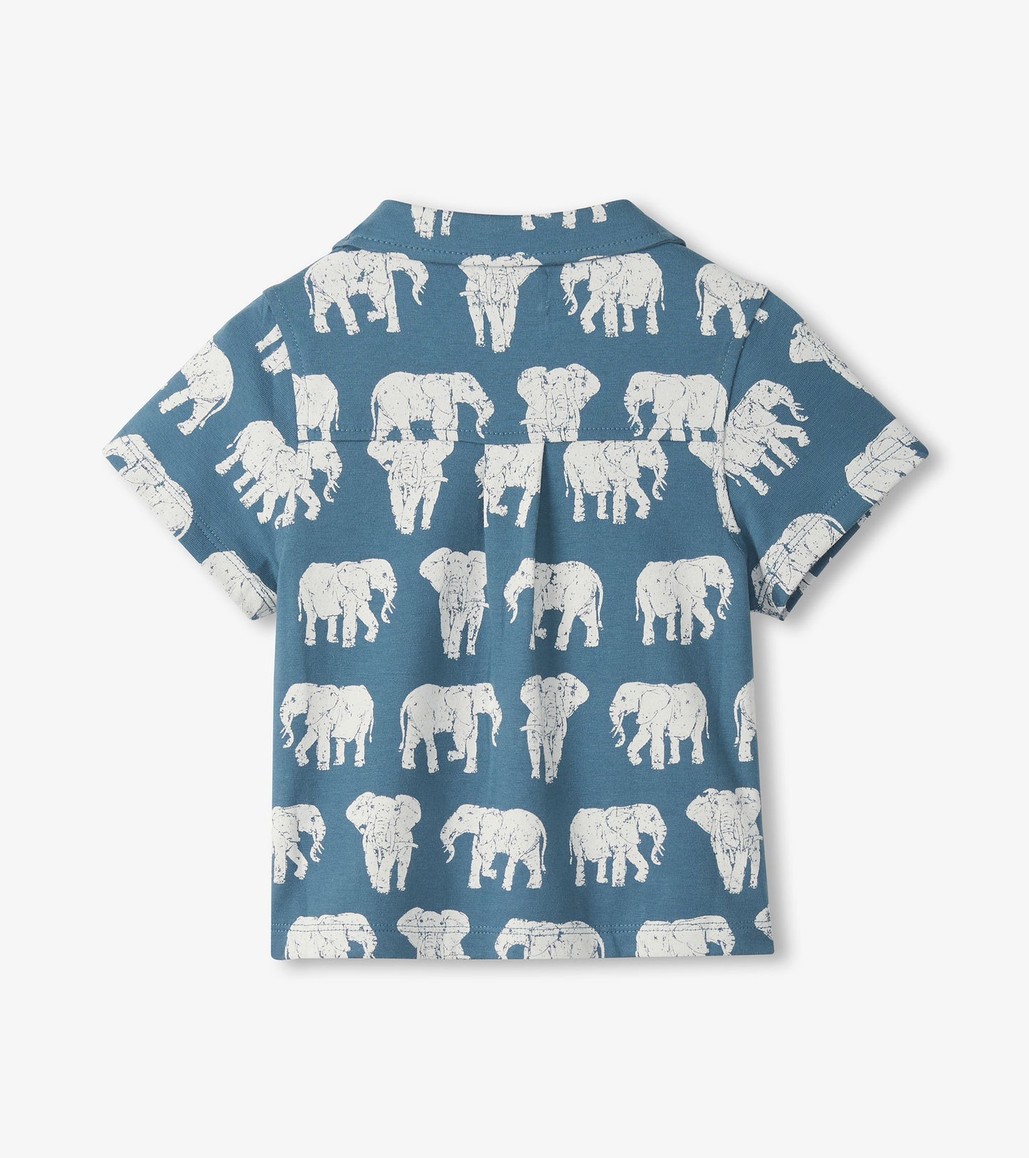 Blue short-sleeve button-down shirt with white elephant print, back view