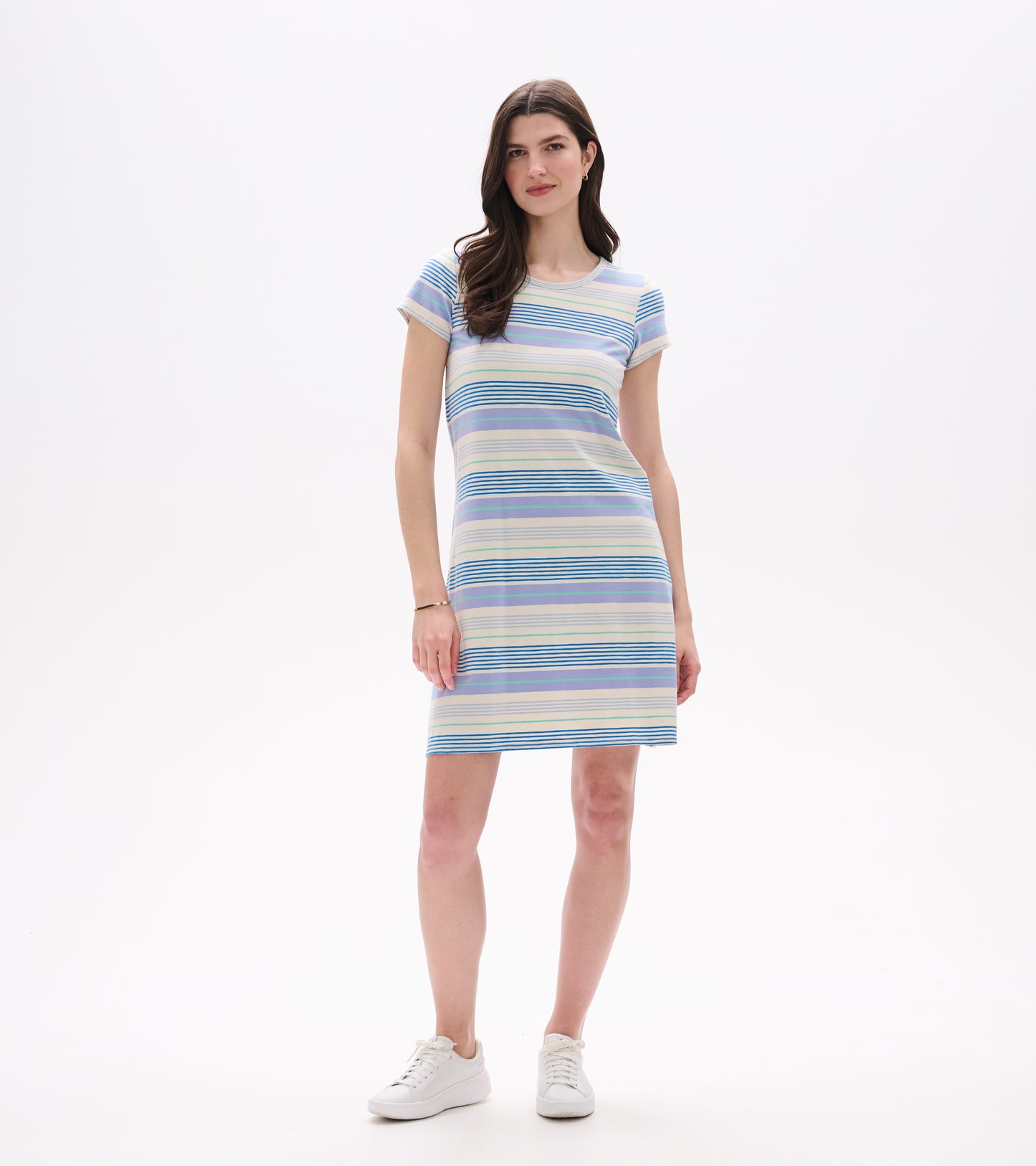 Front view of Cici A-line dress with short sleeves and blue, lilac, and mint horizontal wave stripes