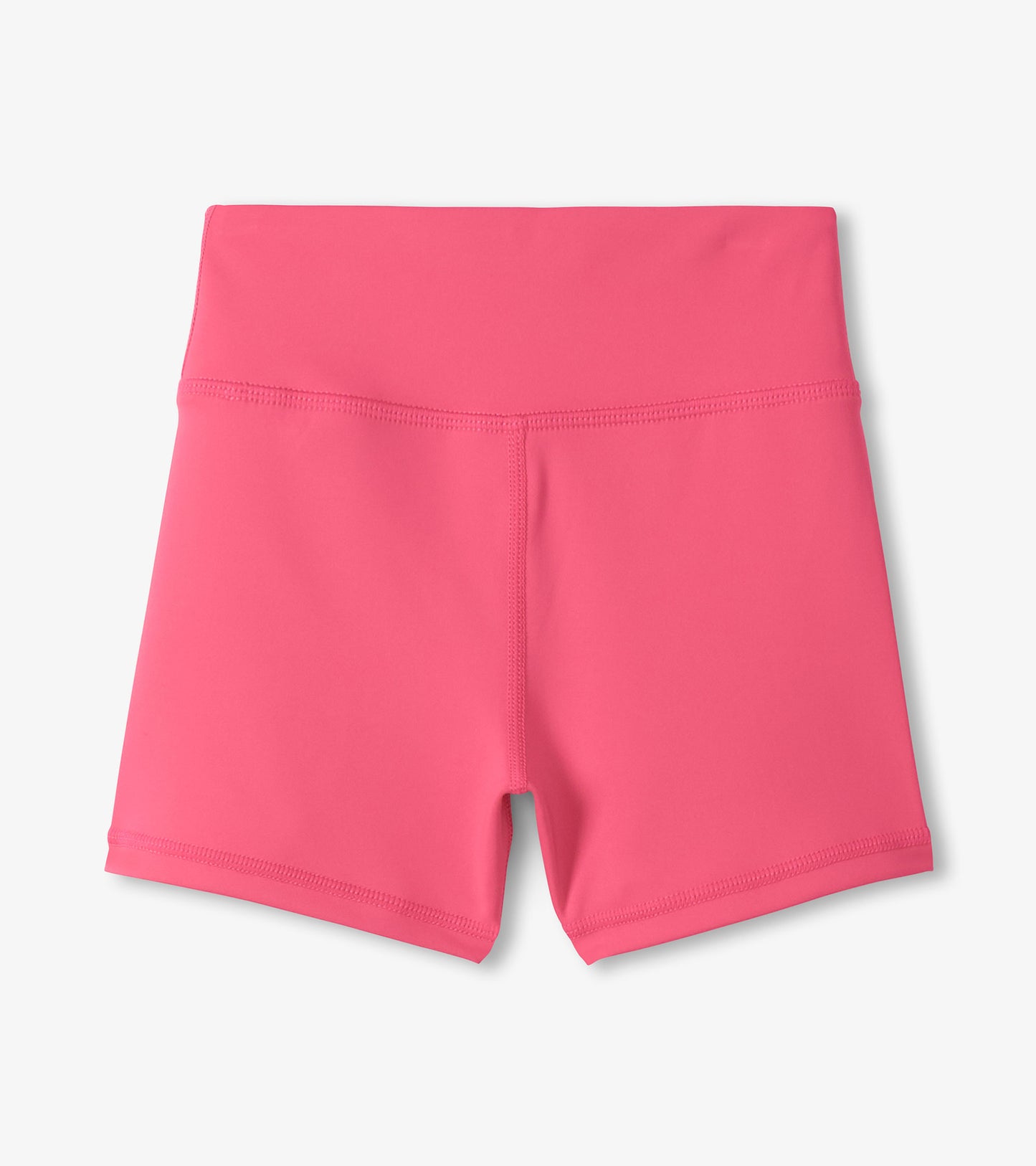 Pink girls active shorts with a high waistband, front view, made of smooth stretch fabric.