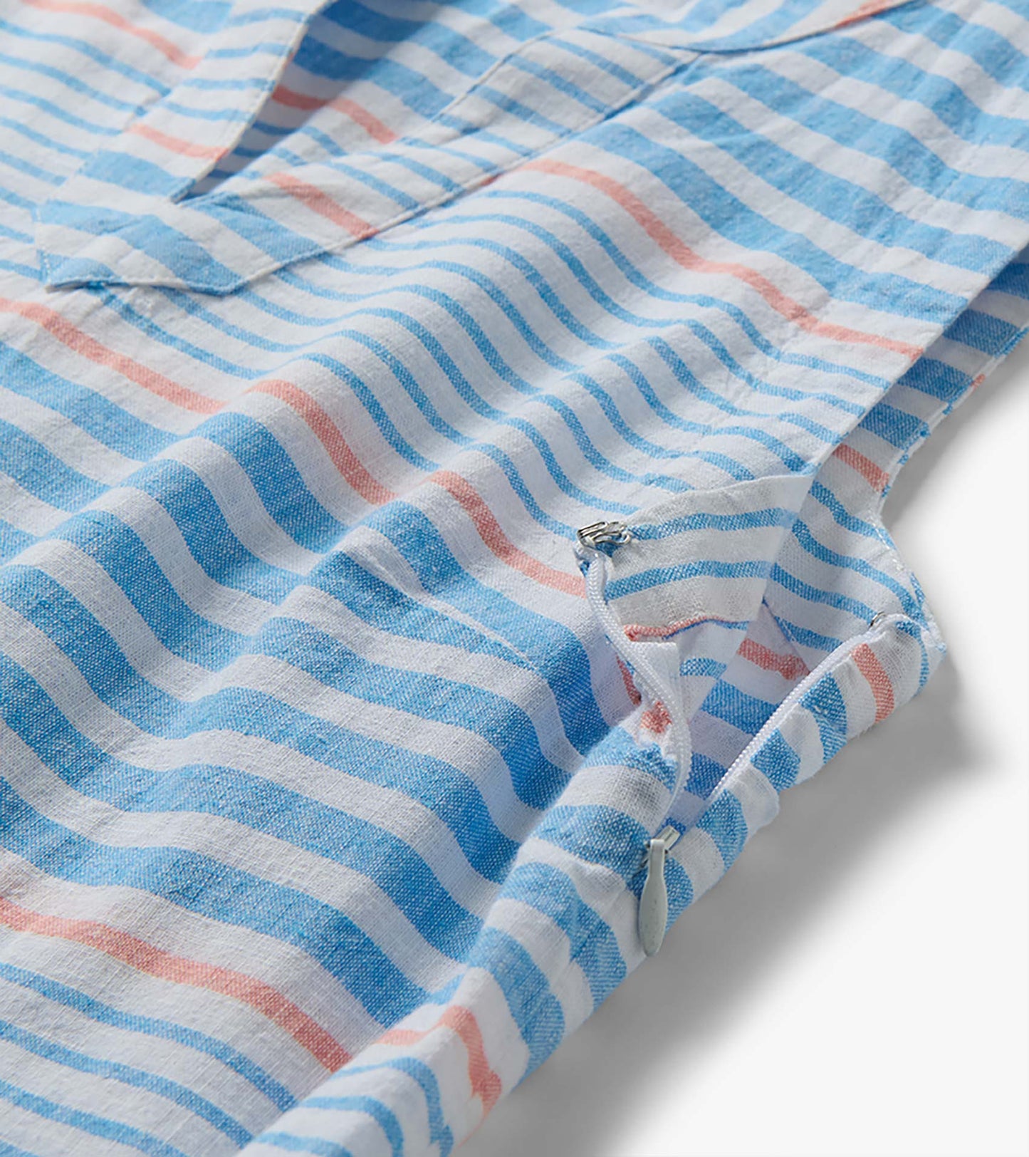 Close-up of the Marin Dress in blue, white, and pink stripes with side zipper detail