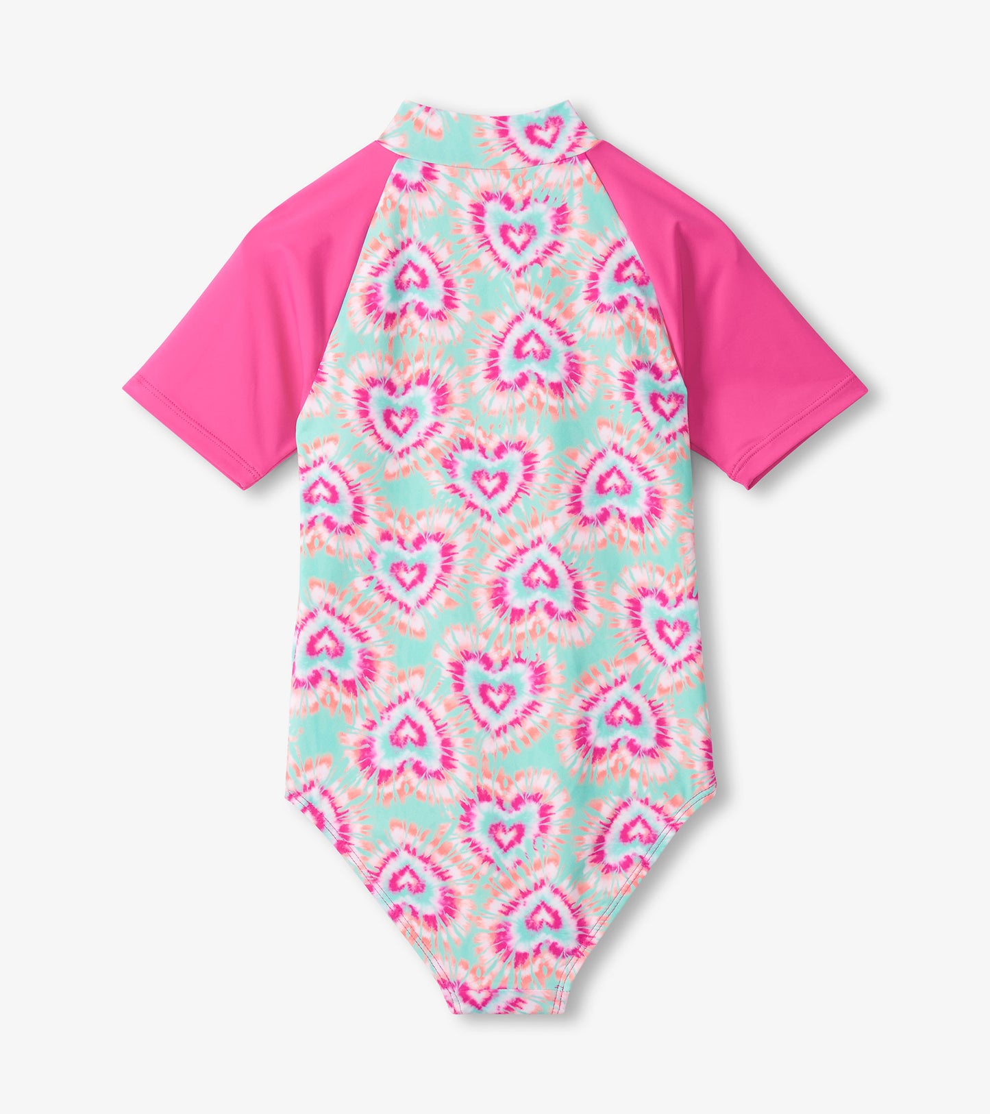 Girls one-piece rashguard swimsuit with aqua heart tie-dye body and bright pink short sleeves, front view
