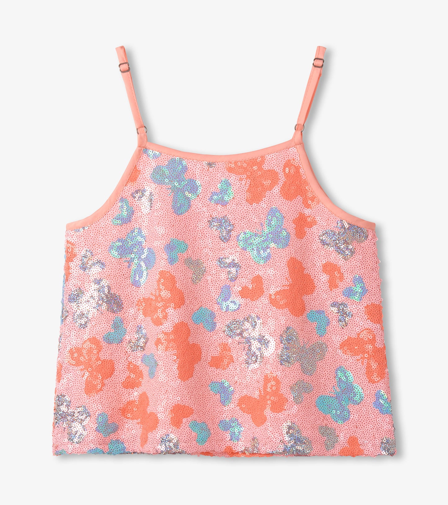 Pink sequin girls camisole top with multicolor butterfly pattern and spaghetti straps, front view
