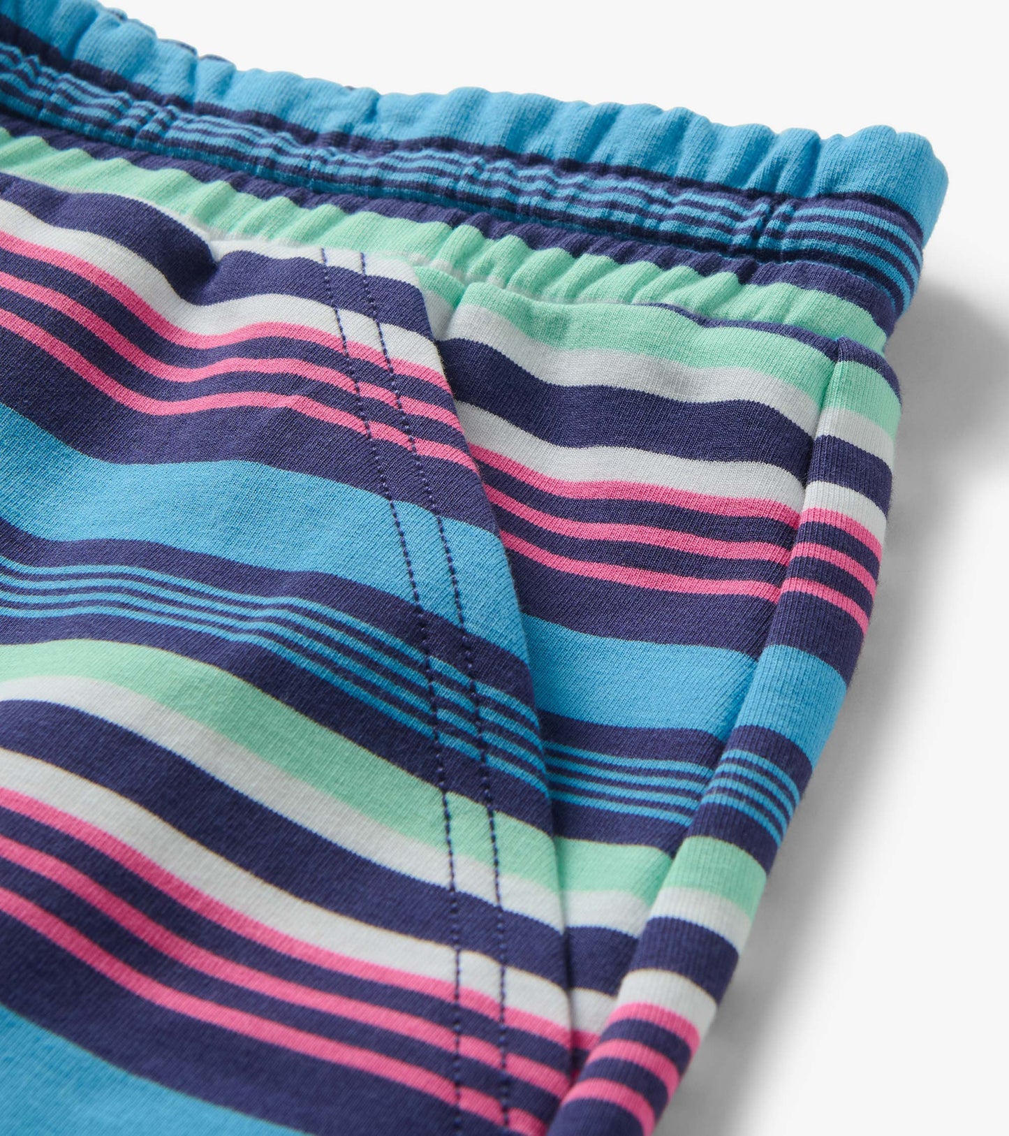 Close-up of a striped knit skirt waistband in blue, navy, mint, white, and pink.