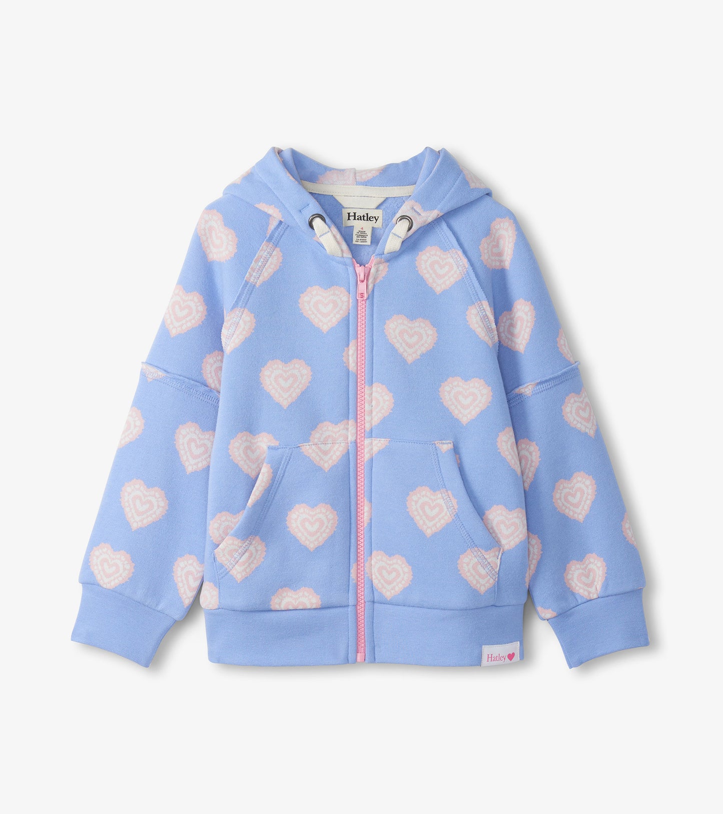 Light blue full-zip hoodie with pink heart print, pink zipper, hood, ribbed cuffs, and front pockets