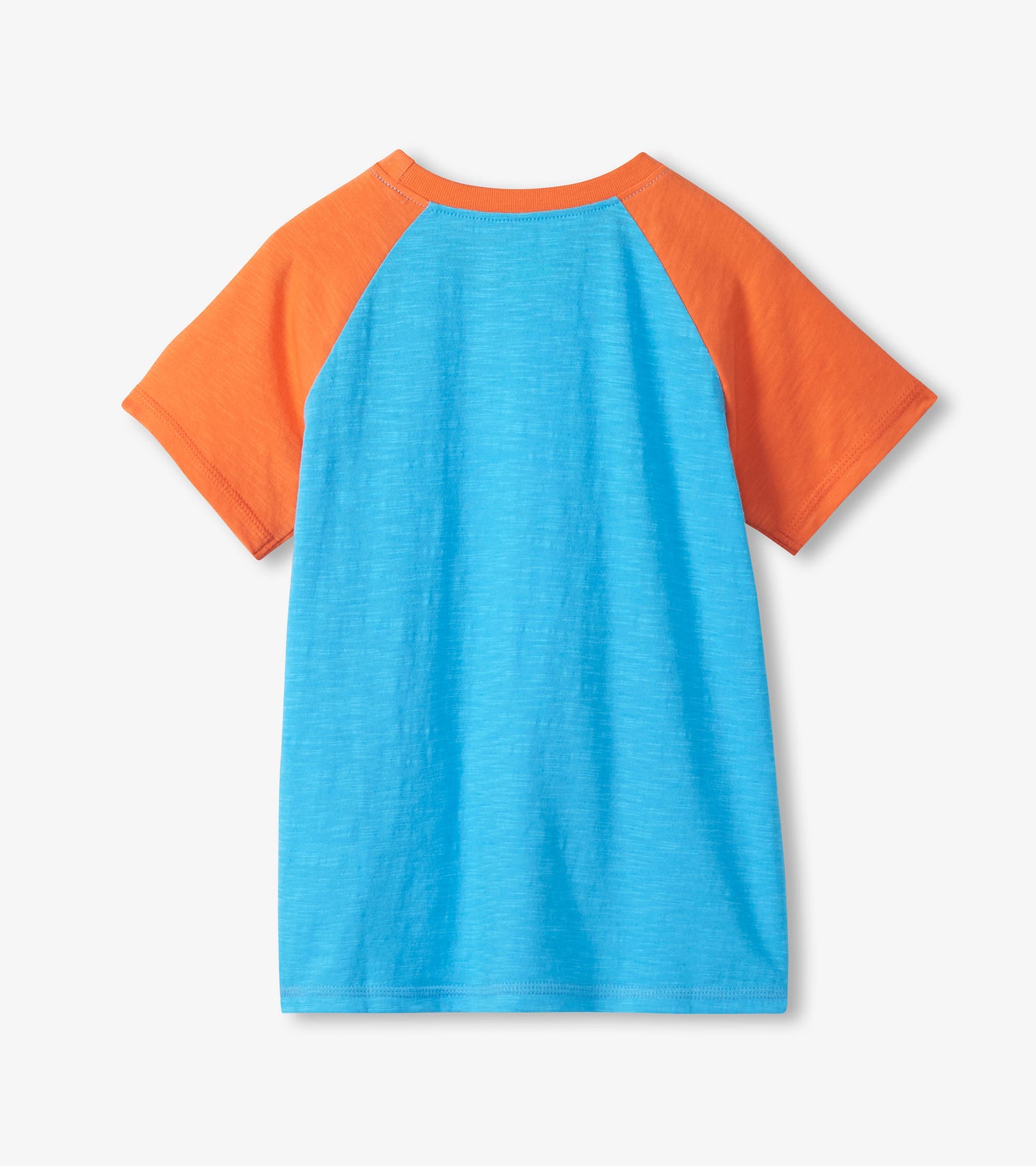 Blue and orange boys raglan T-shirt with short sleeves, back view