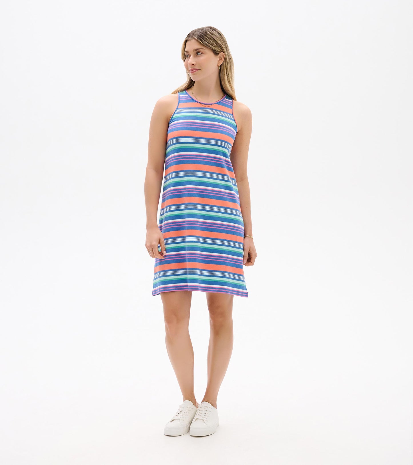 Full front view of Bella striped tank dress with scoop neck and above-knee A-line silhouette