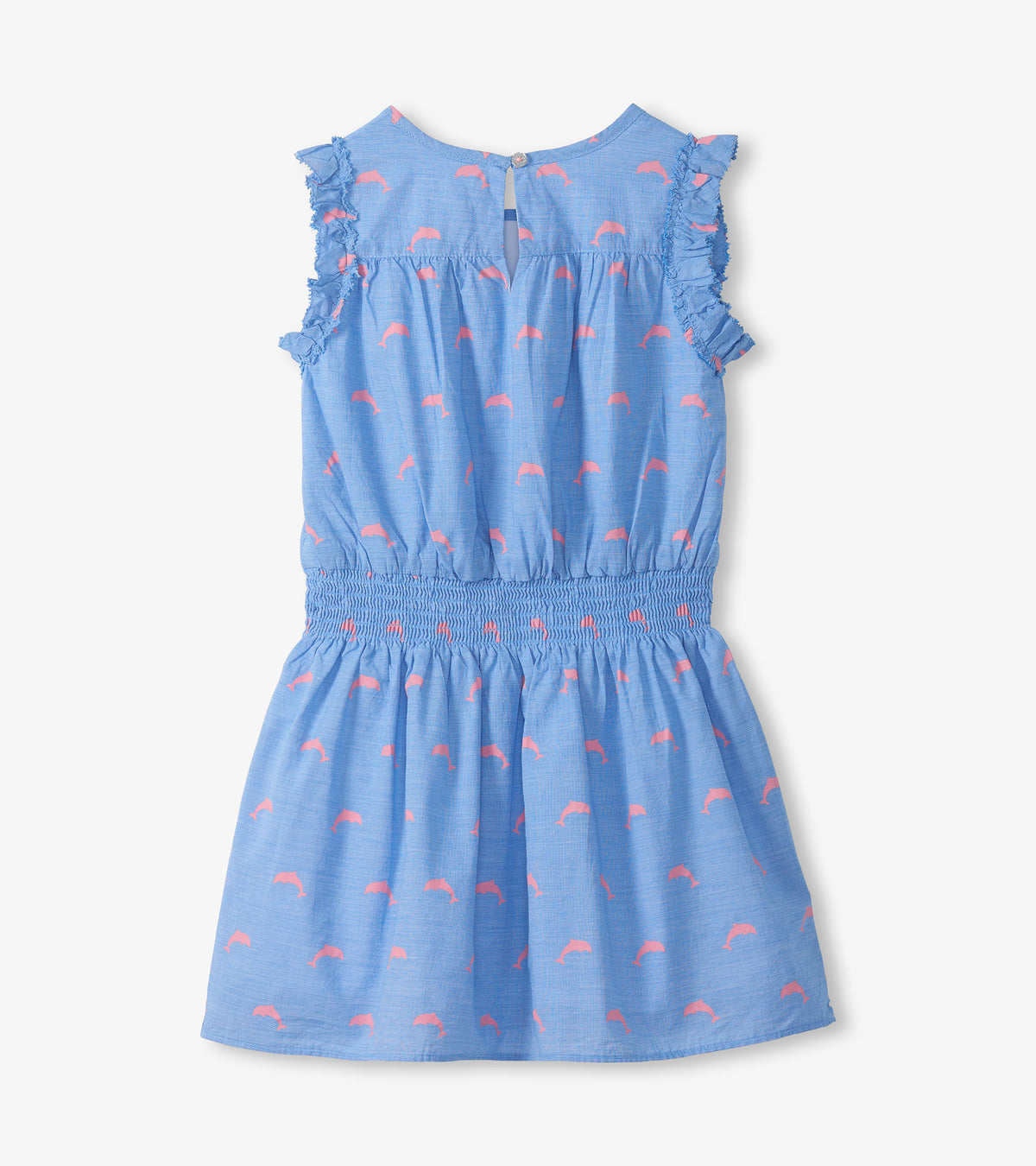 Back view of girls blue dress with pink dolphin print, ruffle cap sleeves, smocked waist, and keyhole opening