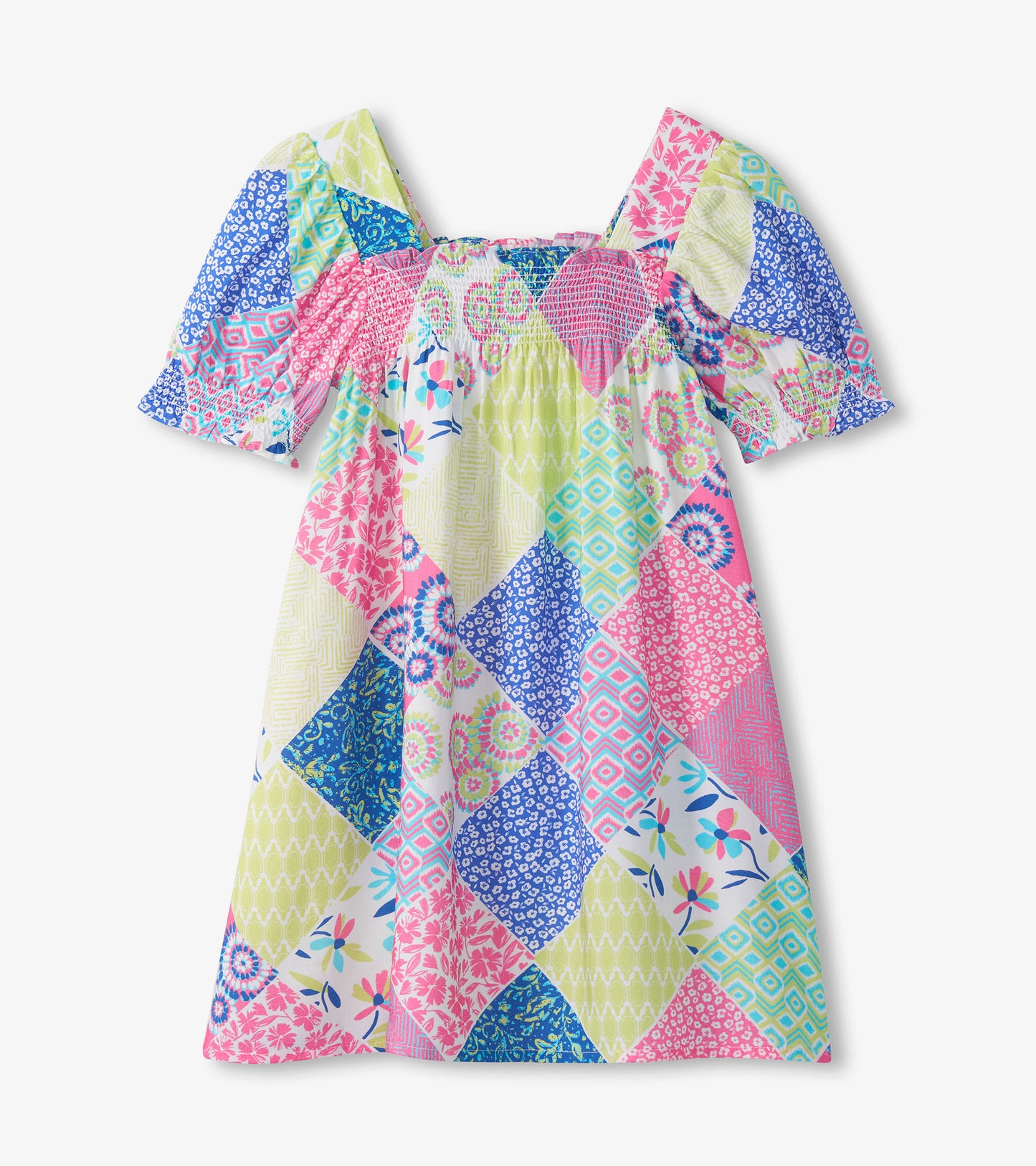 Girls patchwork smocked dress with square neckline, puff sleeves, and pink, blue, and green print