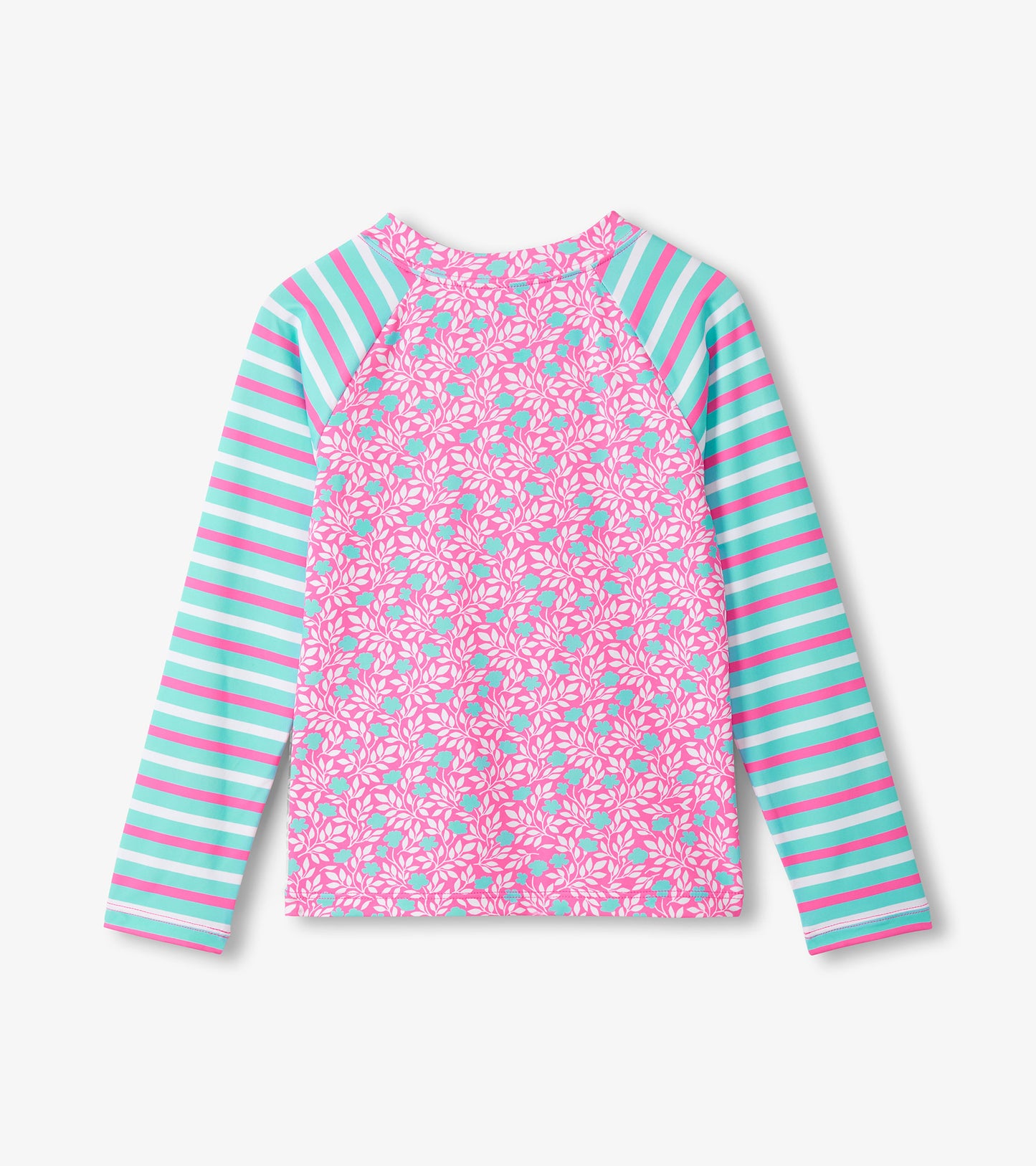Girls pink floral long-sleeve rashguard with aqua and pink striped sleeves, front view
