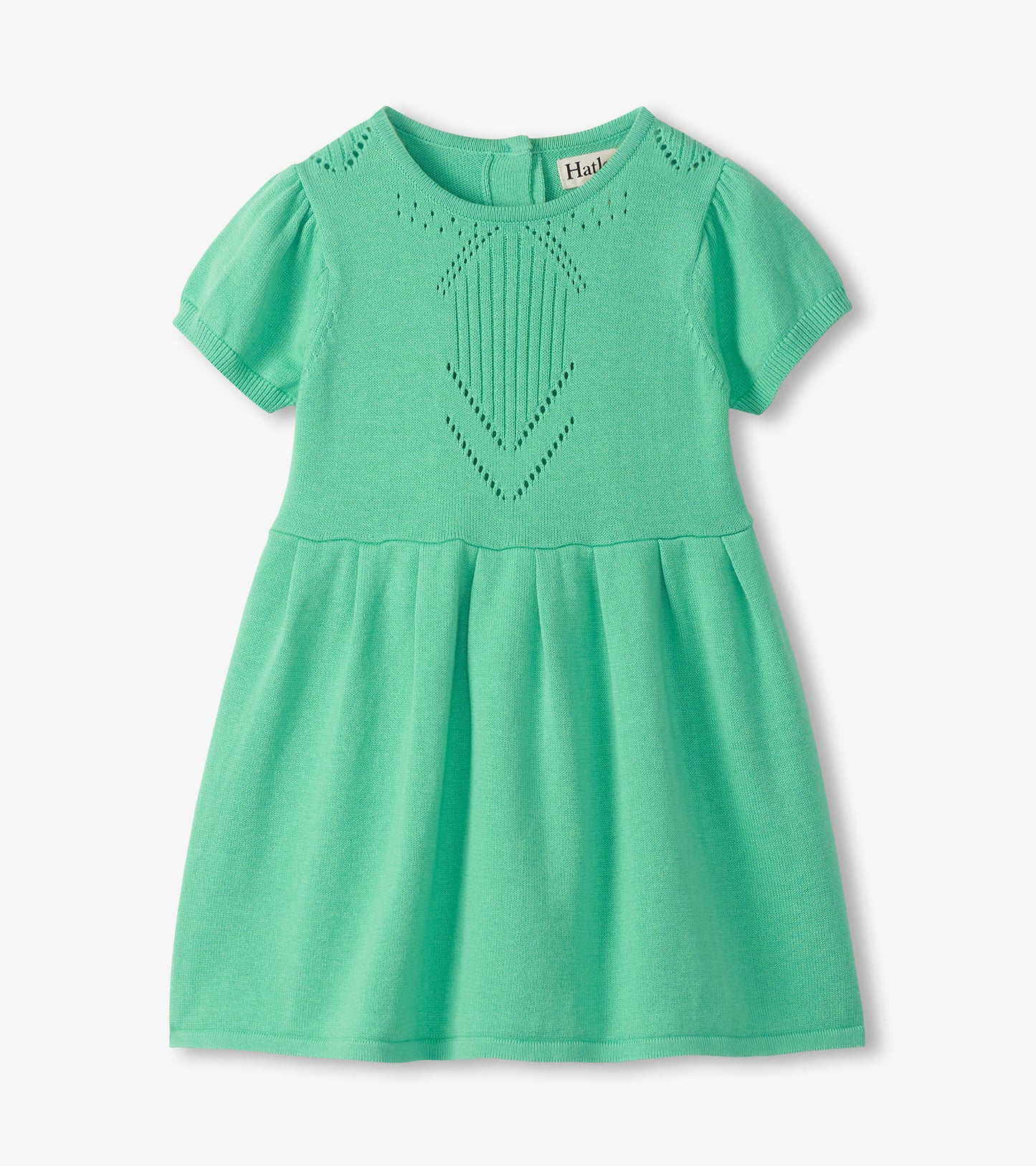 Neptune green knit dress with puff sleeves, pointelle bodice and gently gathered skirt, front view