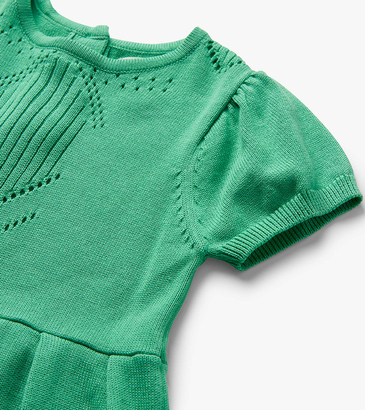 Close-up of neptune green knit dress showing pointelle bodice and puff sleeve detail