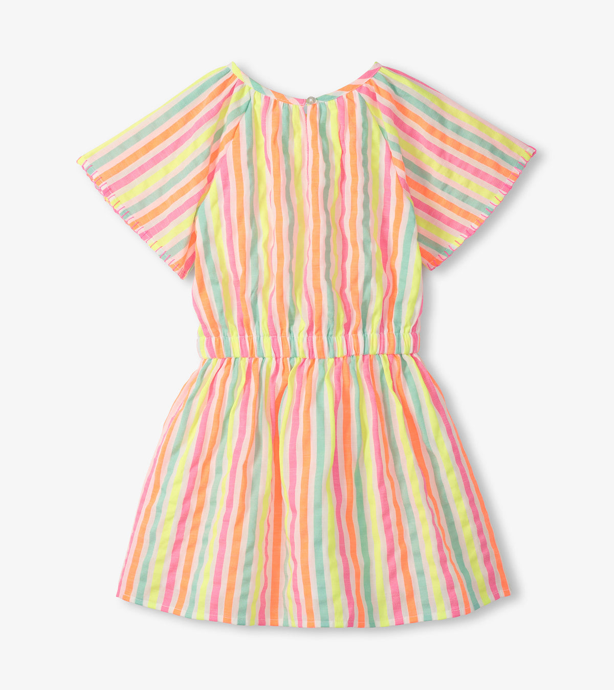 Back view of girls striped play dress with flutter sleeves and neon pink, orange, yellow and mint stripes