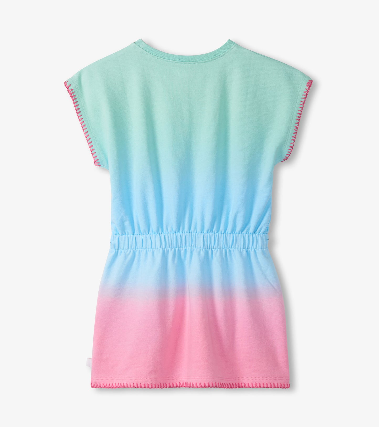 Back view of a sleeveless ombre dress in aqua, blue, and pink with pink stitching and elastic waist