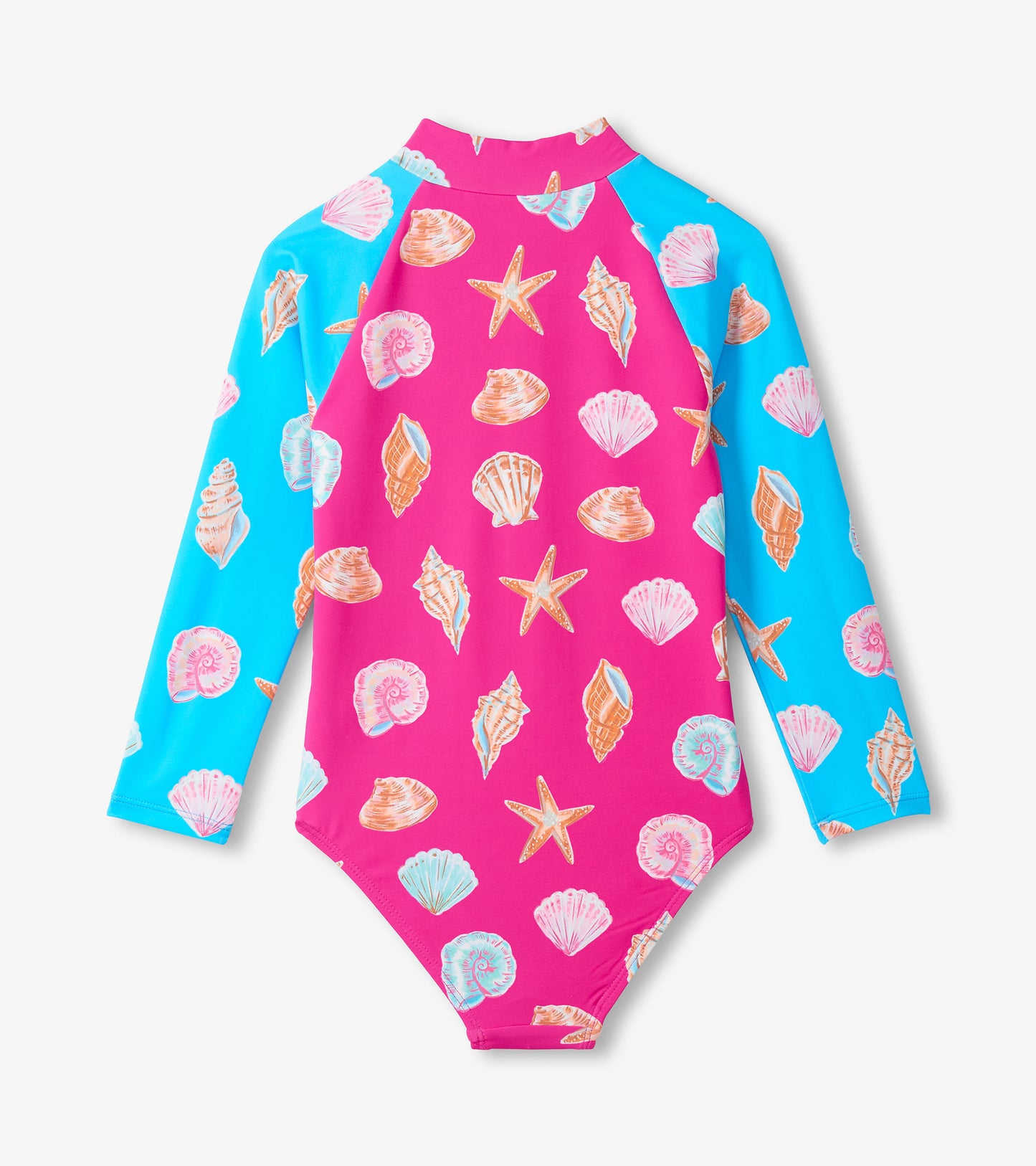 Girls long-sleeve one-piece rashguard swimsuit with pink and blue seashell and starfish print, front view