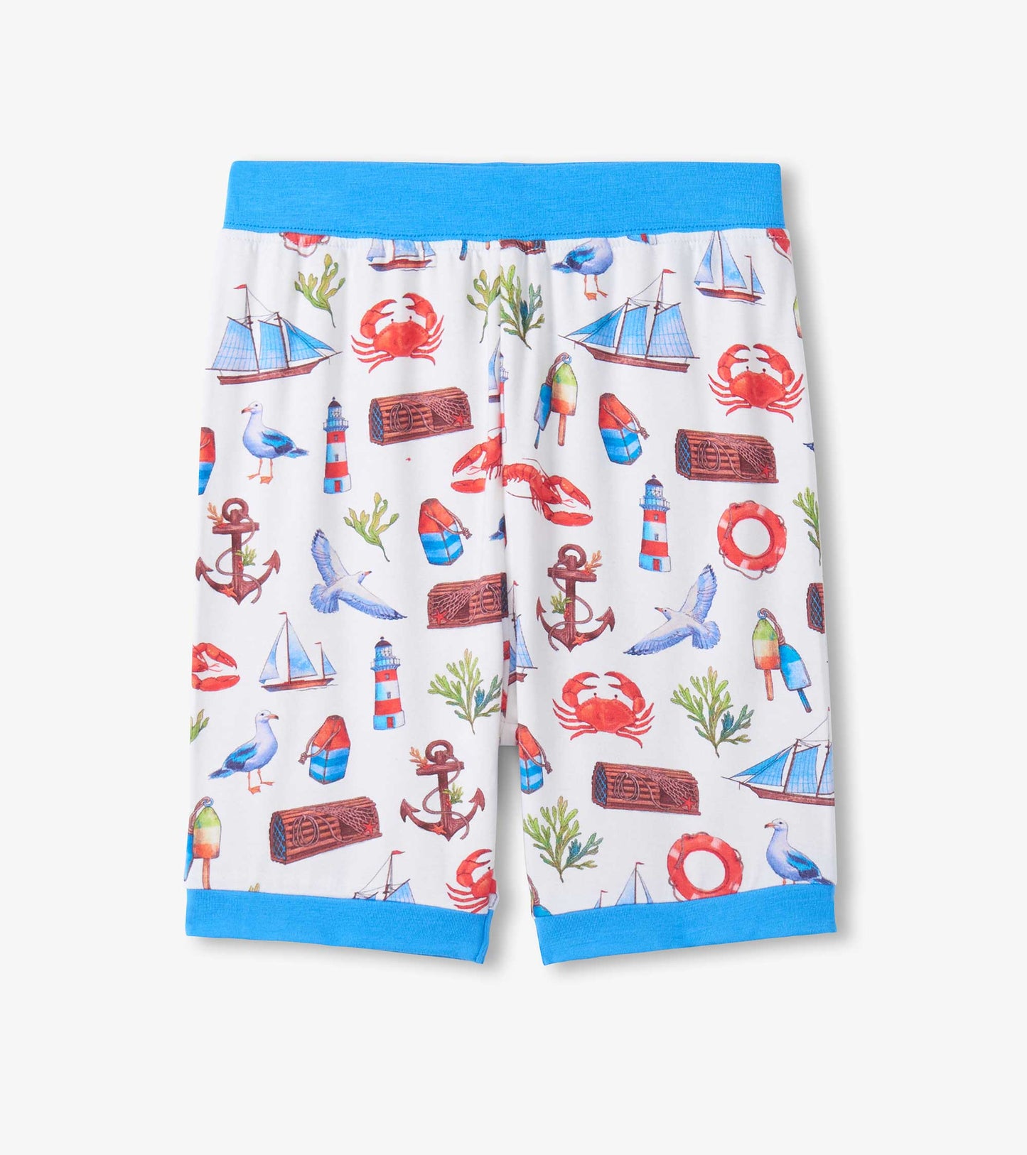 White boys’ pajama shorts with blue waistband and hem, featuring a colorful seascape print.