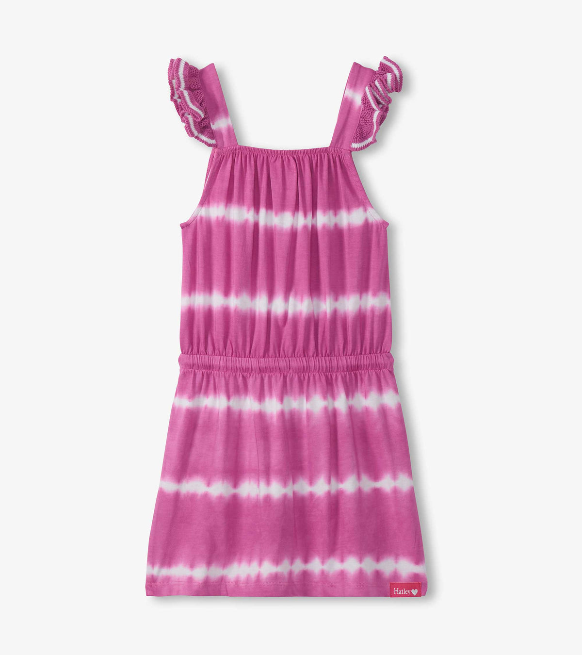 Back view of girls purple tie-dye dress with crochet flutter sleeves and elastic waist