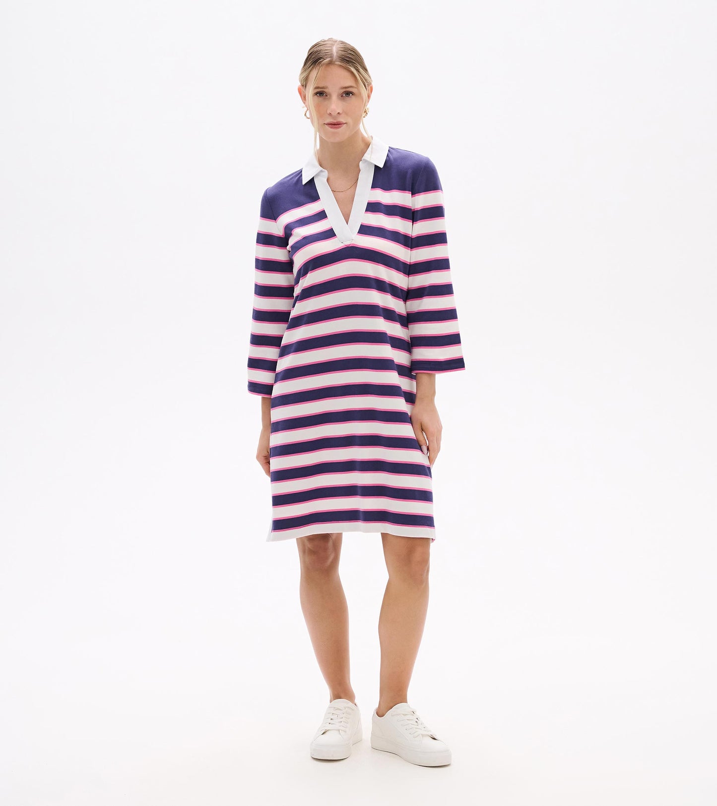 Full front view of striped midi dress with white collar and three-quarter sleeves