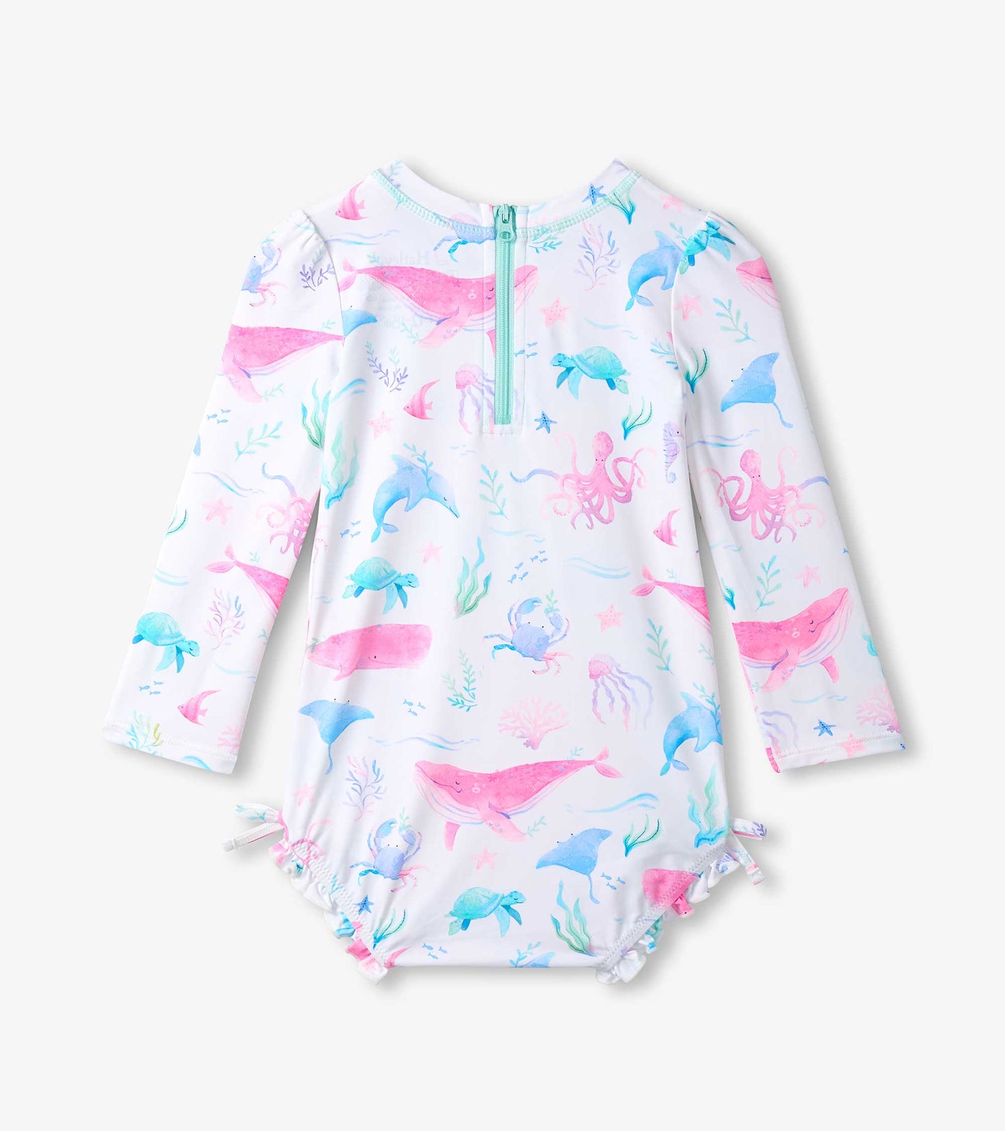 White long-sleeve baby rashguard swimsuit with pastel sea life print and front zipper closure