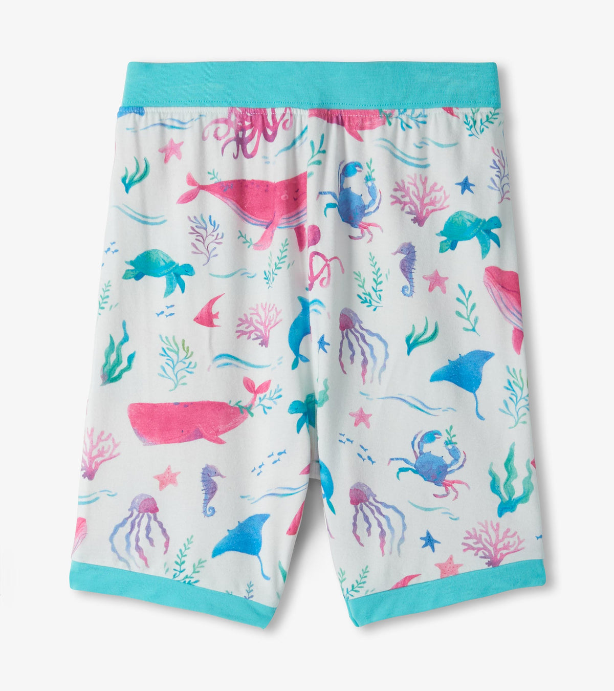 Pajama shorts with pastel sea life print and aqua waistband and leg trim