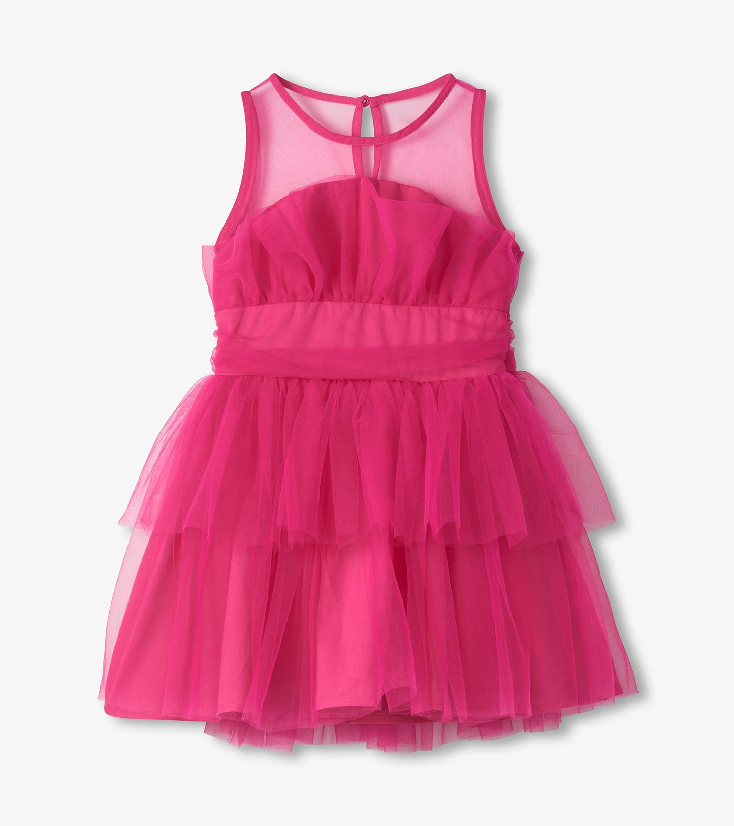 Fuchsia sleeveless party dress with sheer yoke, ruched waist, and layered tiered tulle skirt