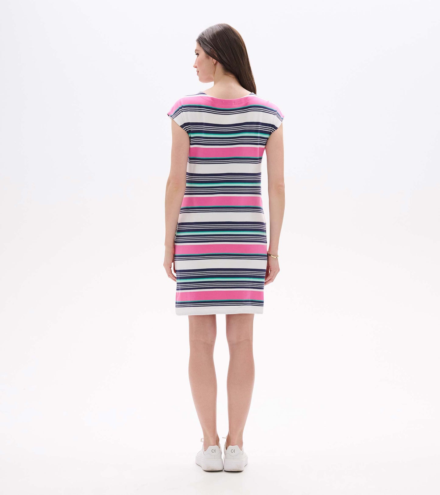 Back view of a knee-length striped dress in pink, navy, teal, and white with short sleeves.