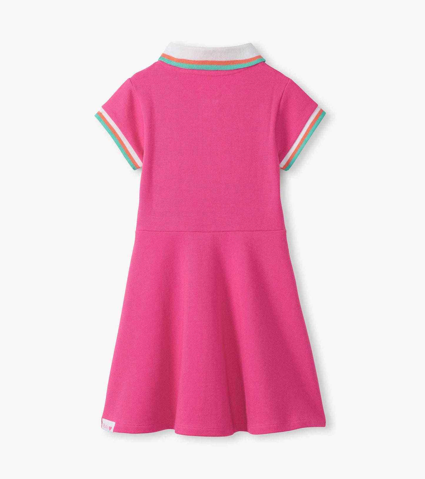 Back view of a raspberry pink girls pique polo dress with white collar and striped sleeve trim