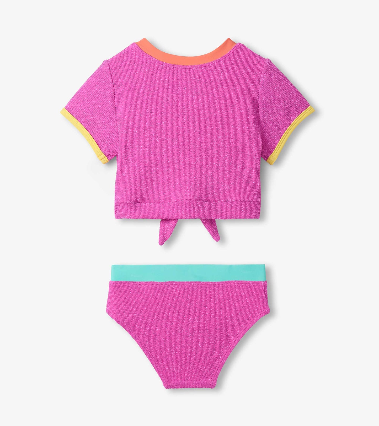 Girls hot pink two-piece swimsuit with short-sleeve tie-front top and matching bottoms, front view