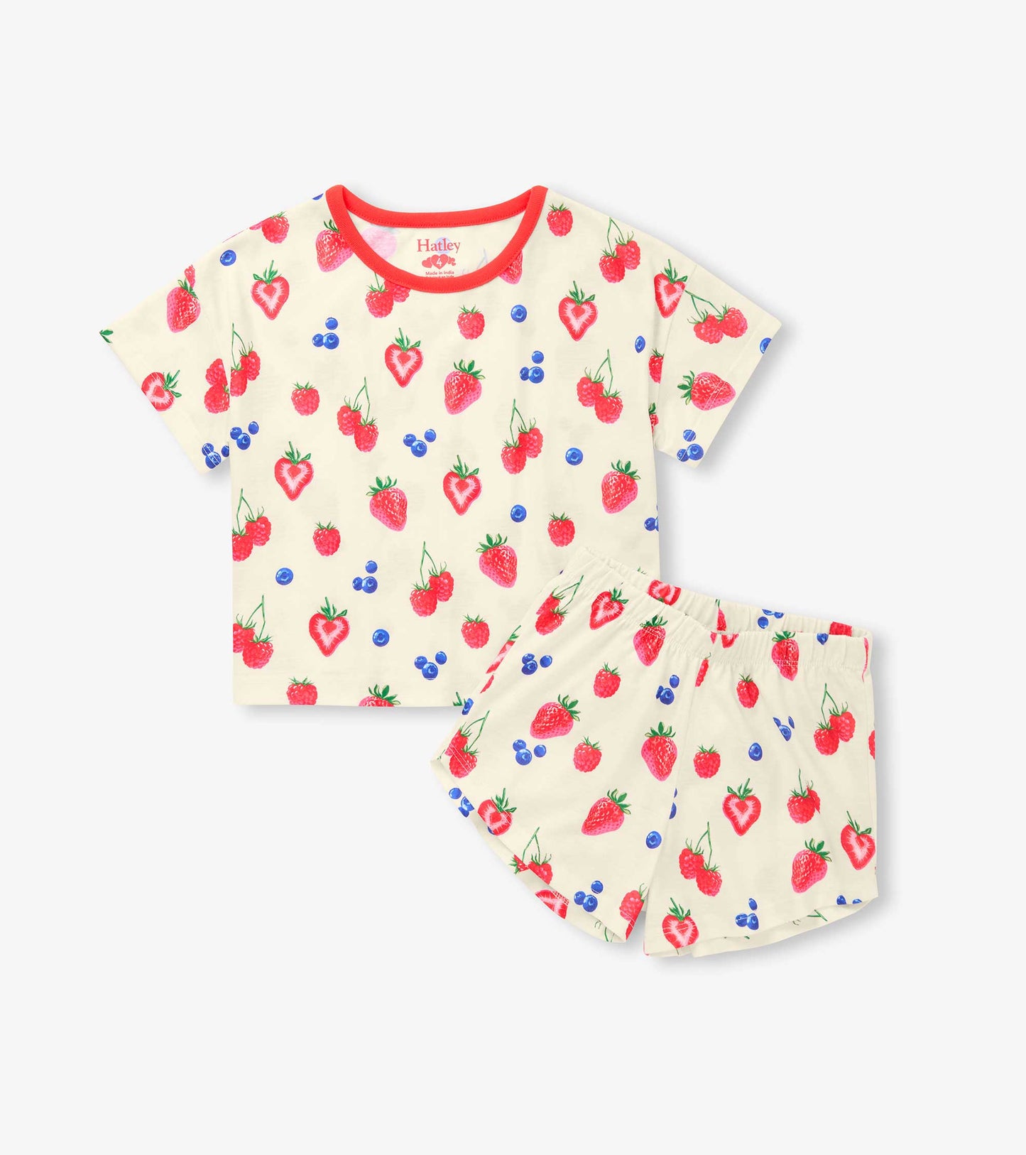 Cream short pajama set with red-trimmed crewneck and allover strawberry, raspberry and blueberry print