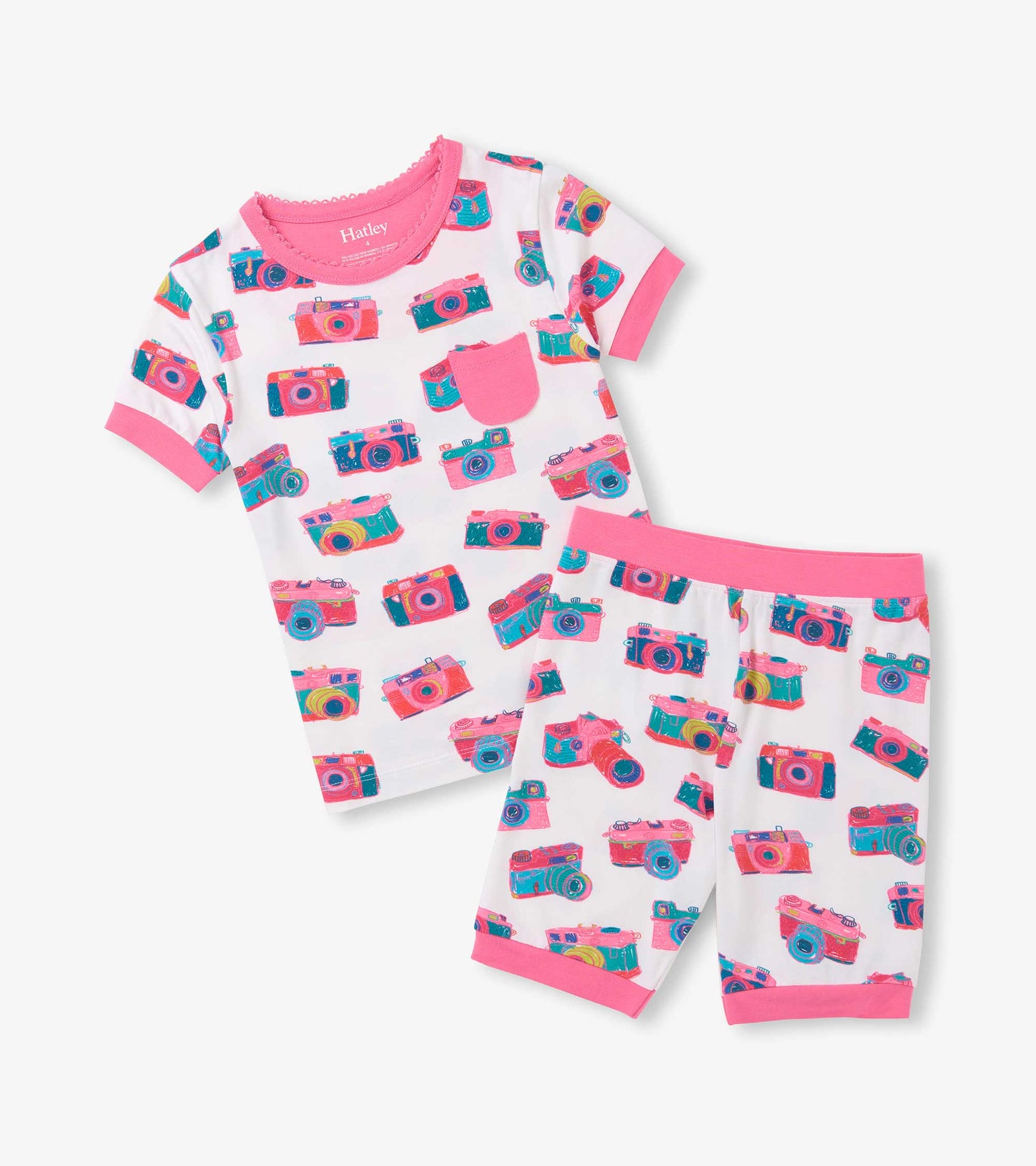 Girls short pajama set with colorful camera print, pink trim, matching shorts, and pink chest pocket