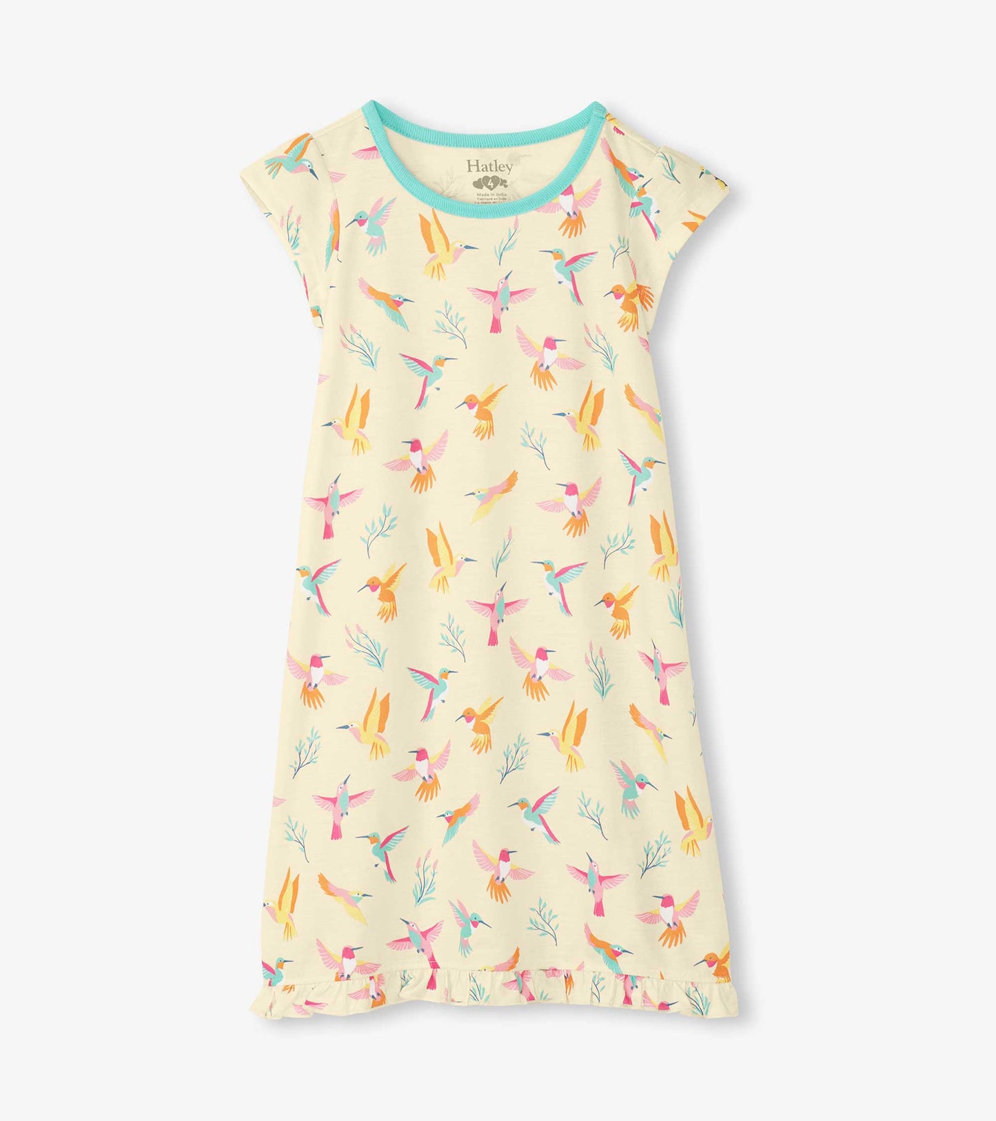 Cream nightdress with pastel hummingbird print, aqua trim neckline, cap sleeves, and ruffle hem
