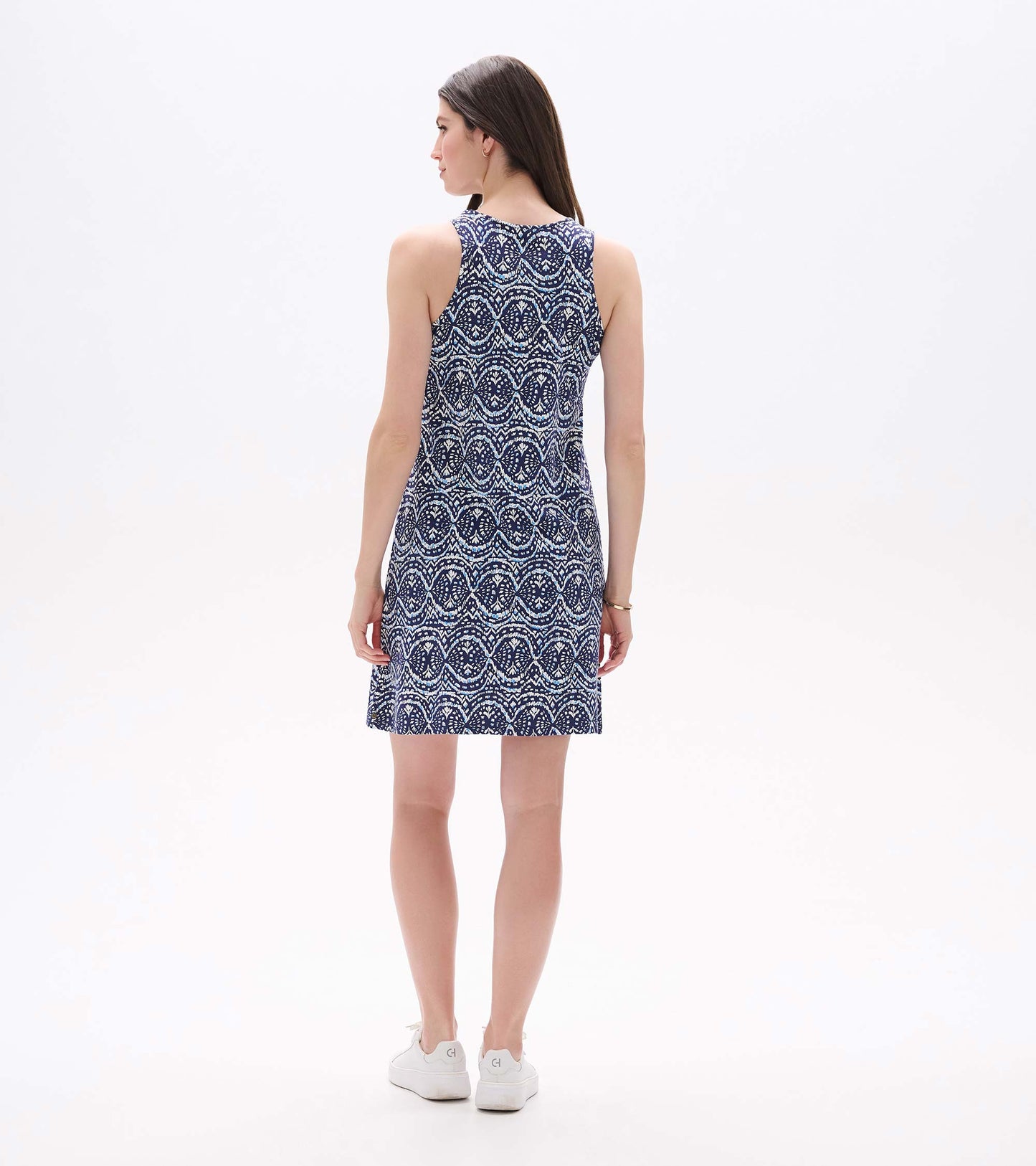 Sleeveless navy and white ikat print dress, back view, knee length with straight fit.