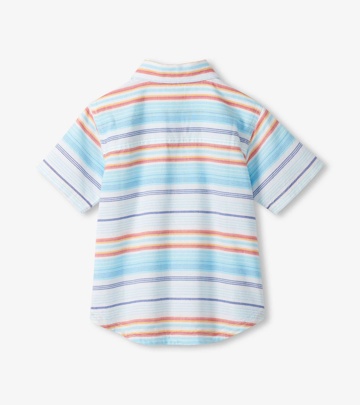 Back view of a short-sleeve button-down shirt with pastel horizontal stripes in blue, pink, orange, and purple