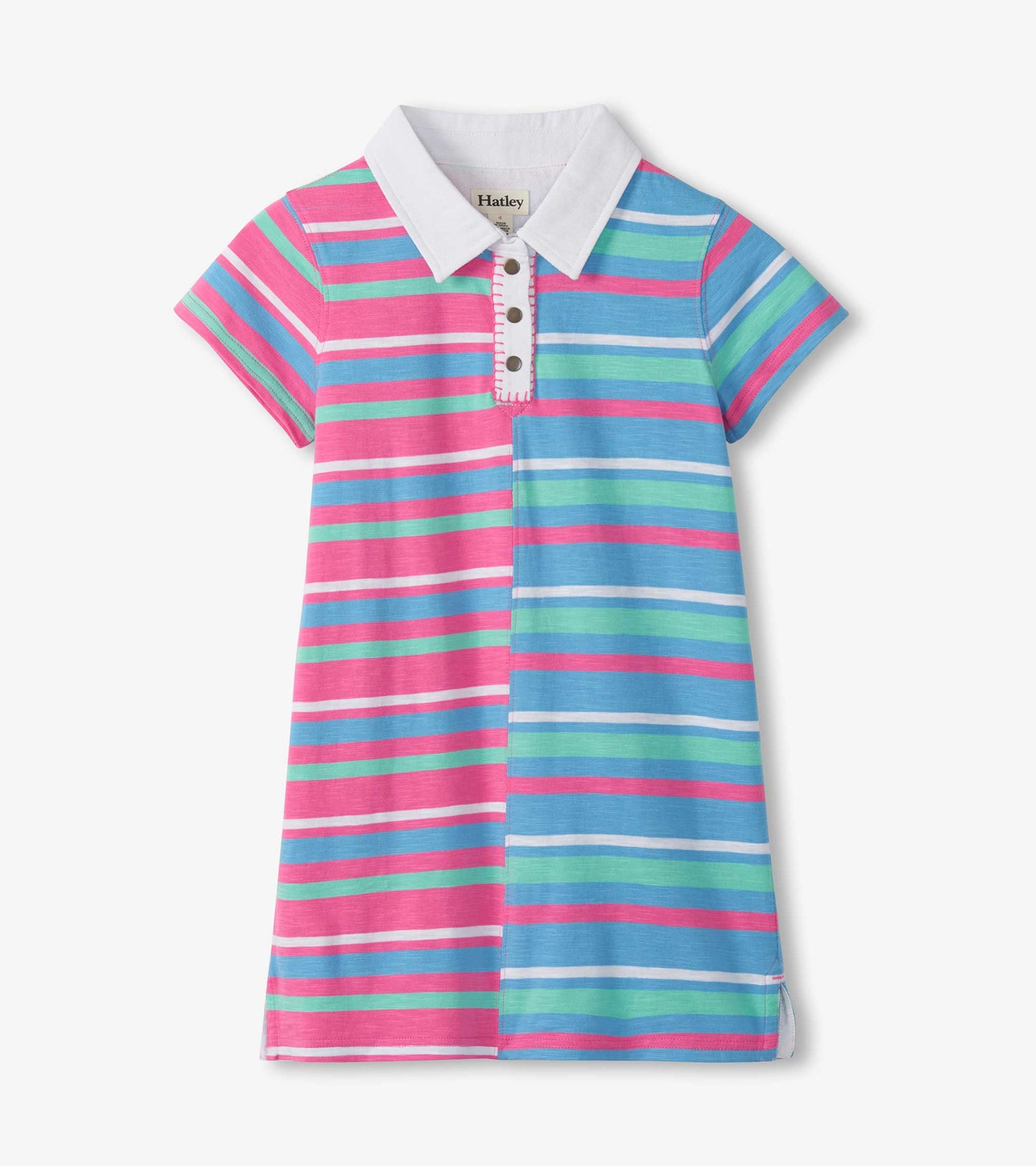 Girls striped polo dress with split pink and blue panels, white collar, short sleeves and snap placket
