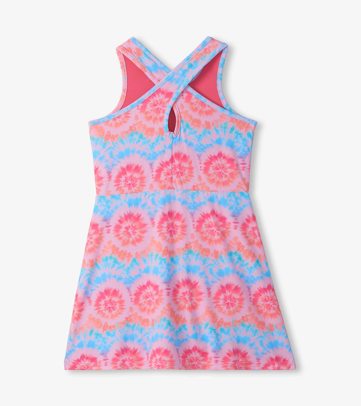 Girls tie-dye A-line dress with crisscross back straps in pink, blue, and coral.