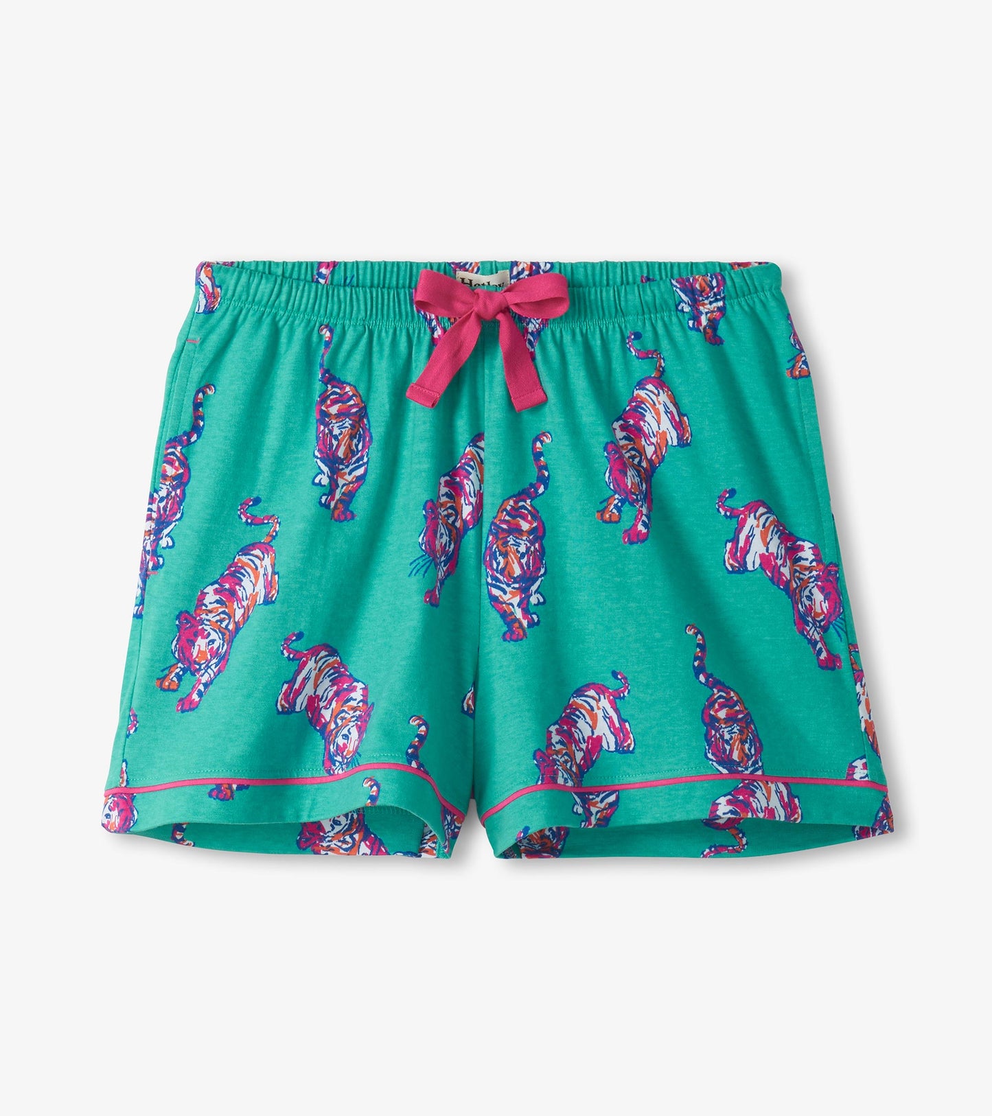 Teal pajama shorts with multicolor tiger print, pink drawstring waist, and pink trim