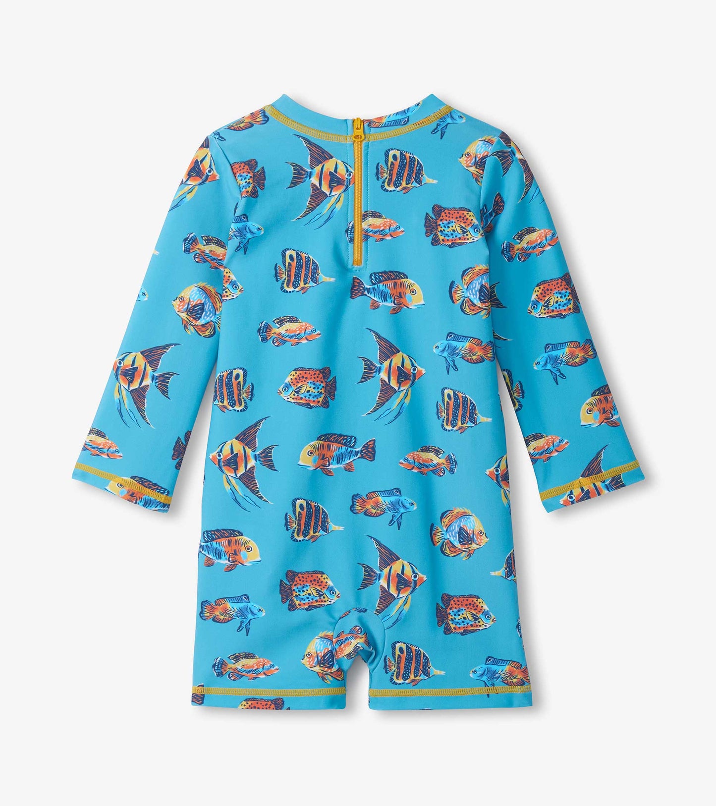 Blue long-sleeve baby rashguard swimsuit with colorful fish print and front zipper