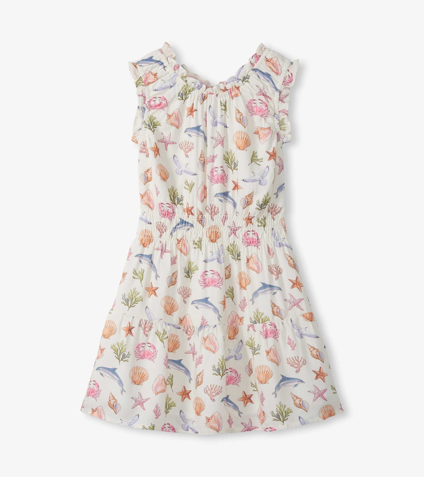 Sleeveless white girls dress with gathered waist and colorful sea life print, front view