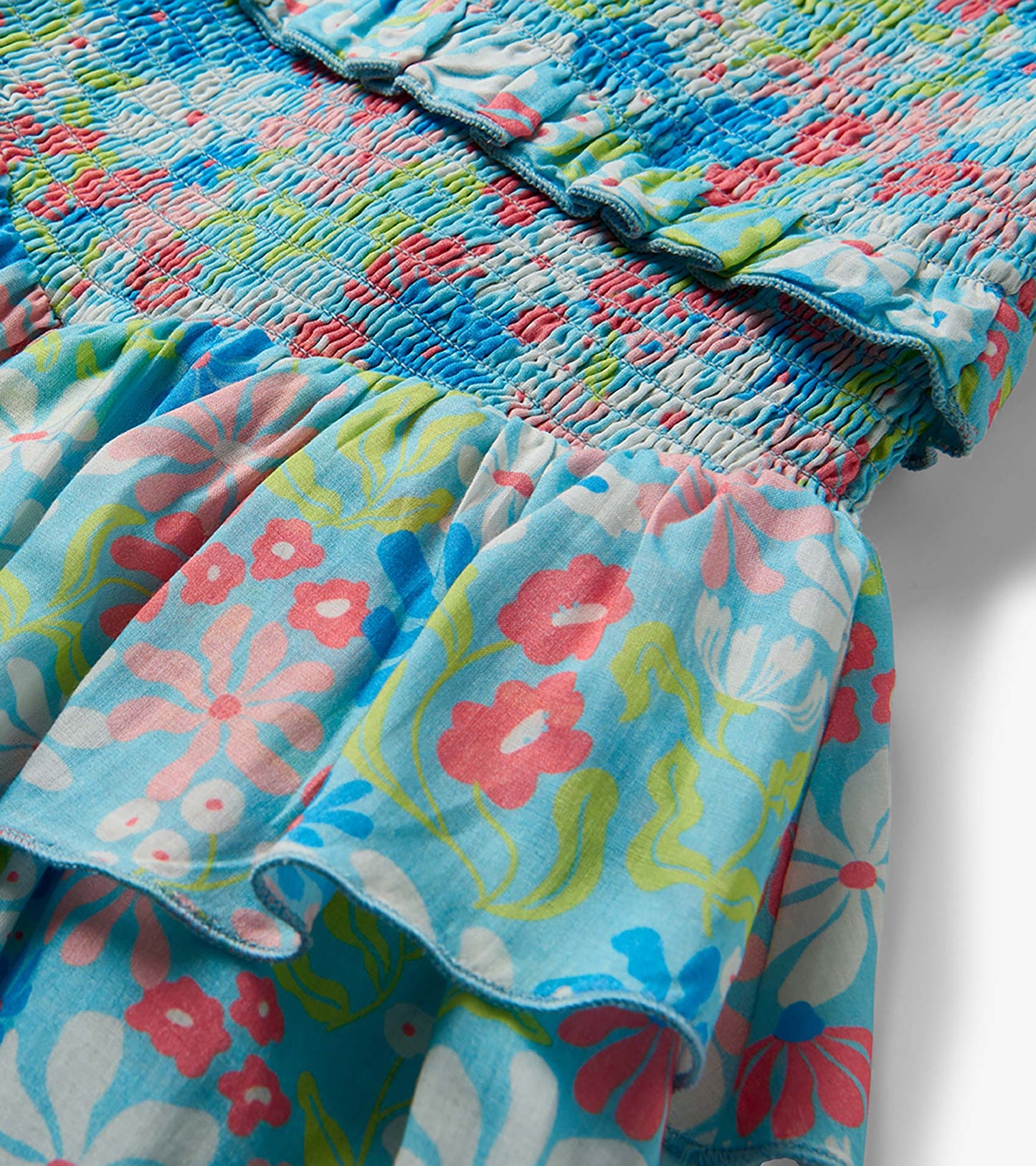 Close-up of a blue floral smocked dress with ruffled hem and multicolor flower print