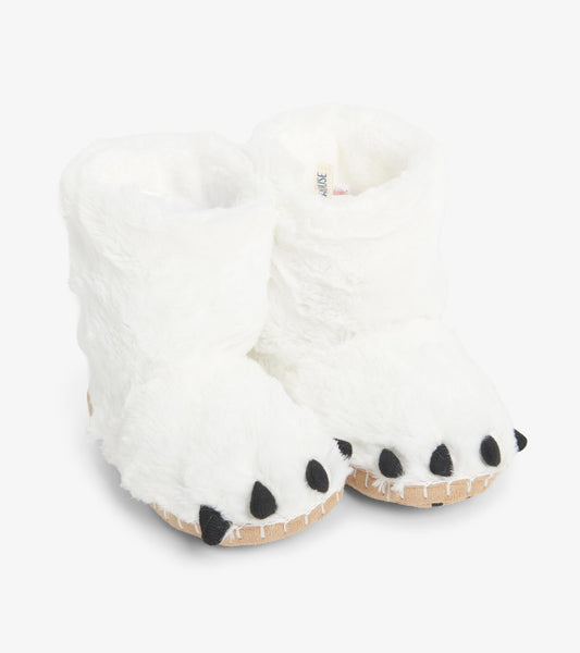 White fuzzy slippers shaped like polar bear paws with black claws, perfect for keeping little feet warm and cozy.