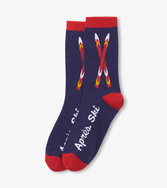 Navy crew socks with red accents, featuring ski graphics and "Après Ski" text, suitable for winter wear.
