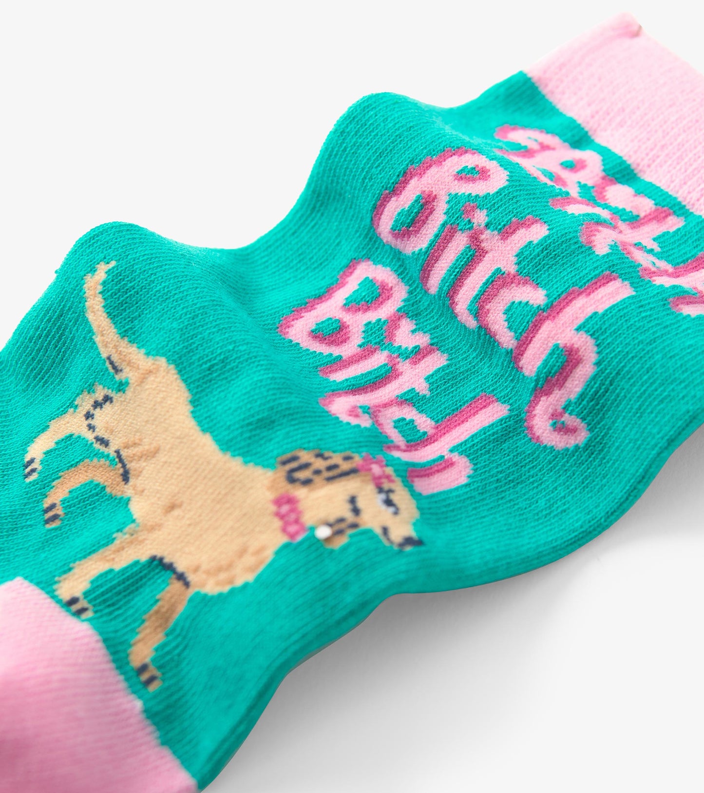 Turquoise crew socks featuring playful pink text and a dog graphic, with a contrasting pink cuff.