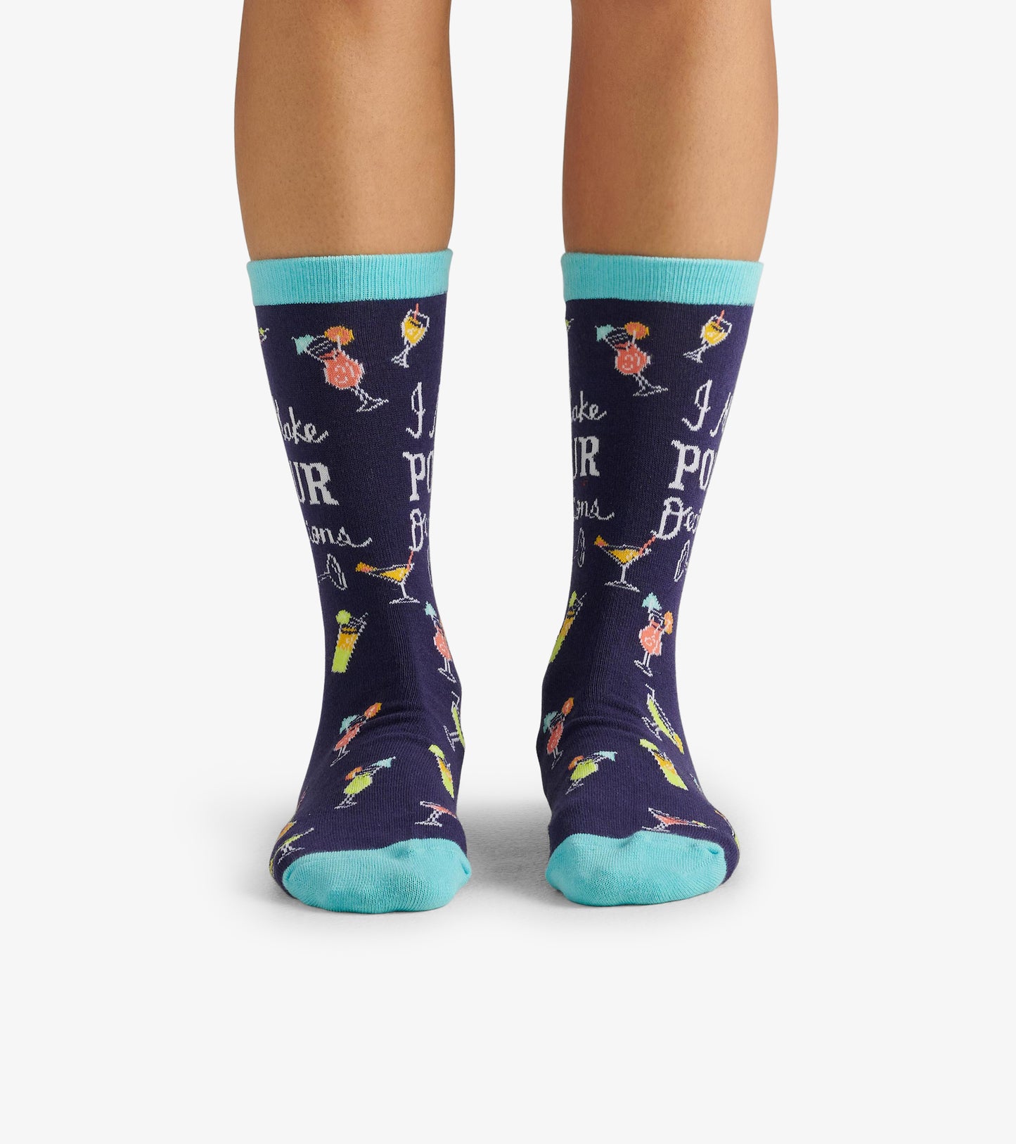 Navy crew socks featuring colorful cocktail graphics and a turquoise cuff, perfect for casual wear.