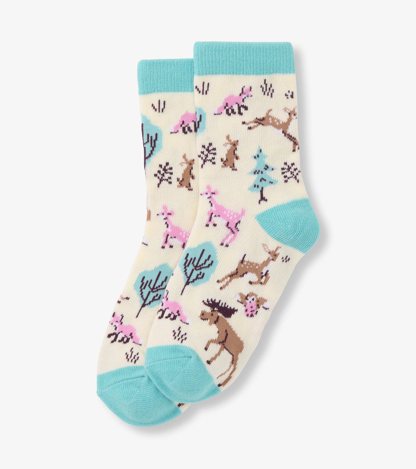 Cream crew socks with turquoise cuffs, heels and toes, featuring colorful forest animal and tree pattern