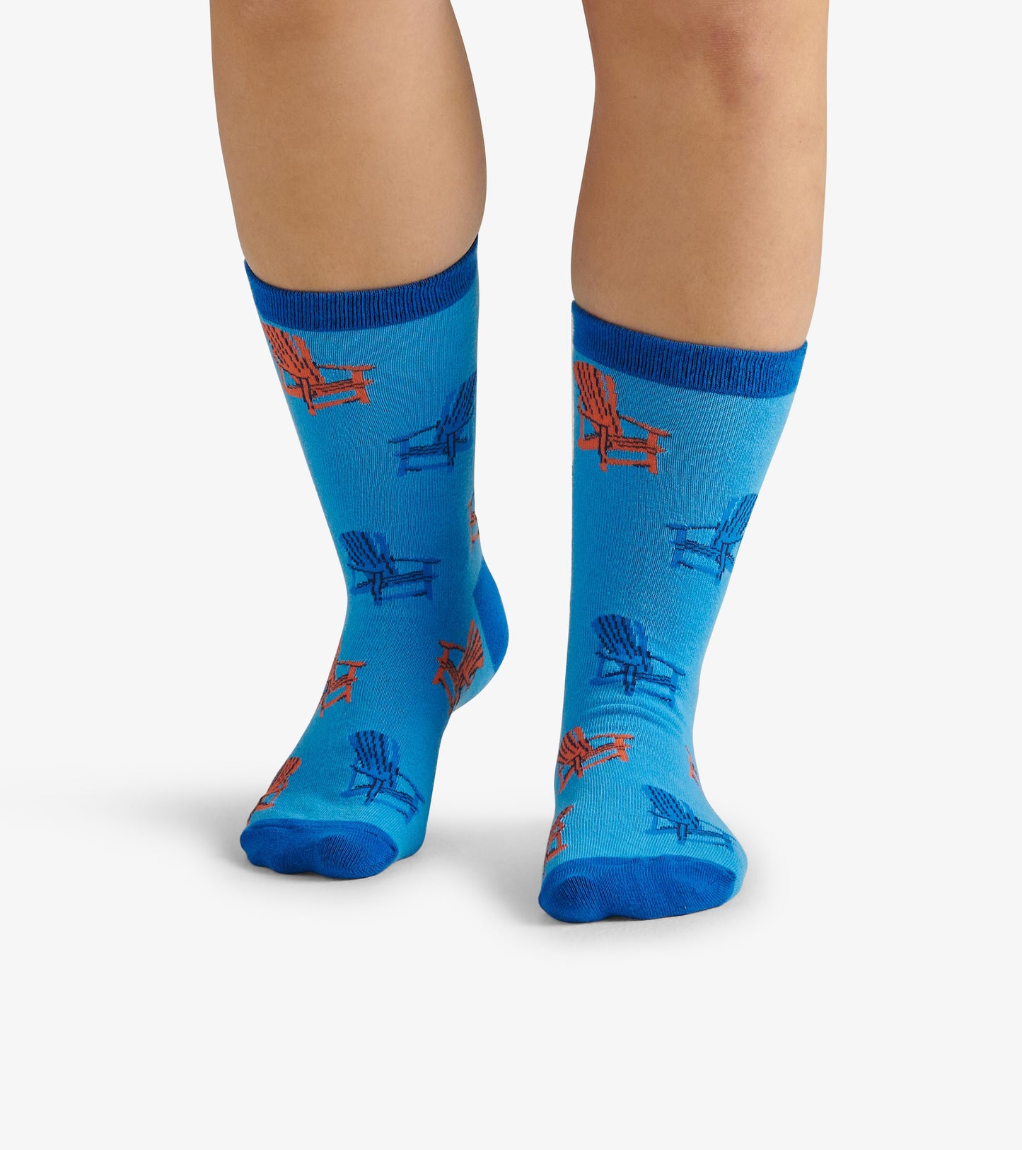 Blue crew socks featuring a pattern of colorful Muskoka chairs, suitable for casual wear.