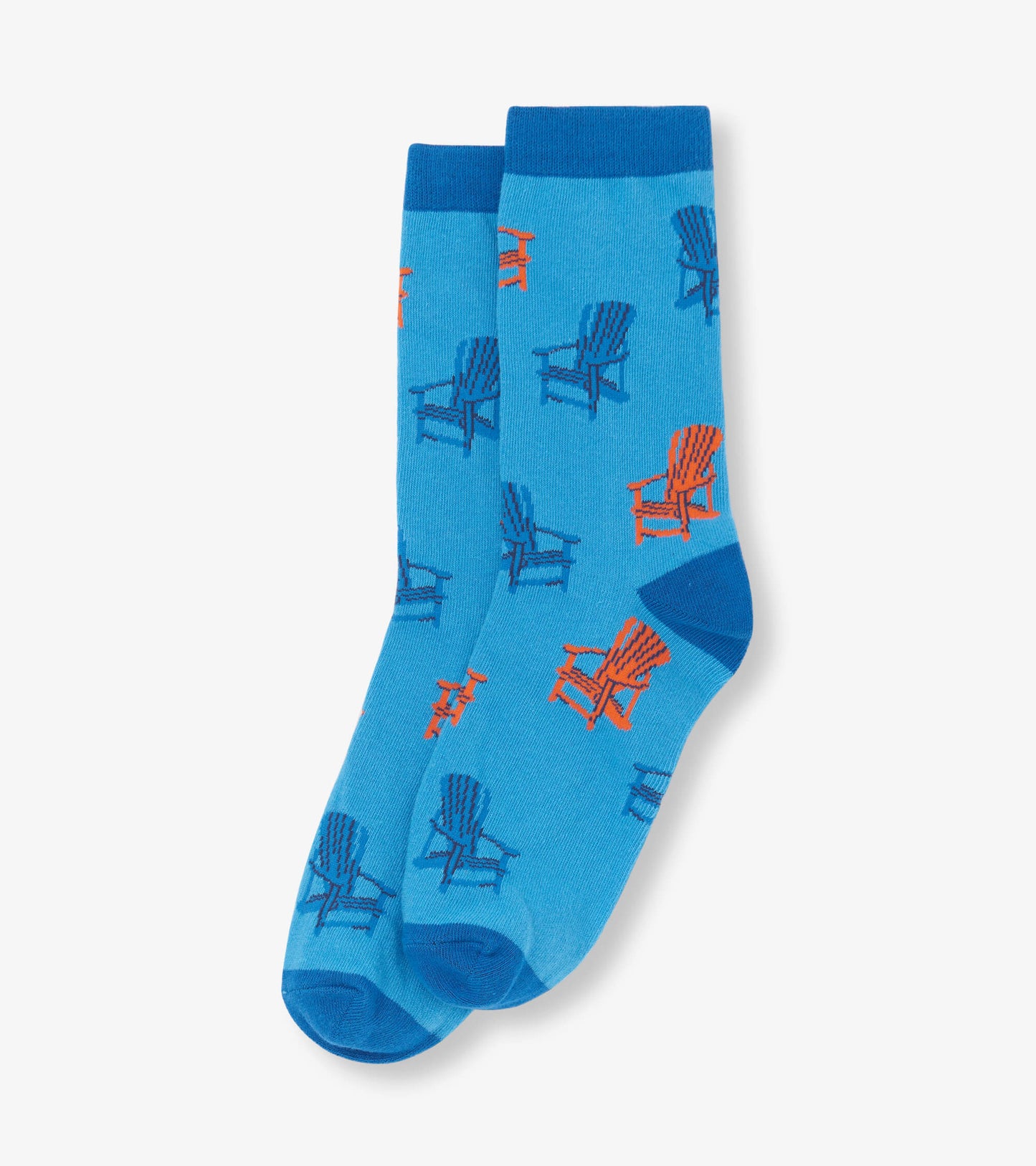 Blue crew socks featuring a pattern of colorful Muskoka chairs in orange and blue.