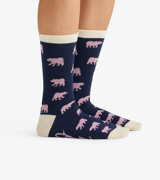 Navy crew socks featuring pink bear patterns and a cream cuff, suitable for casual wear.