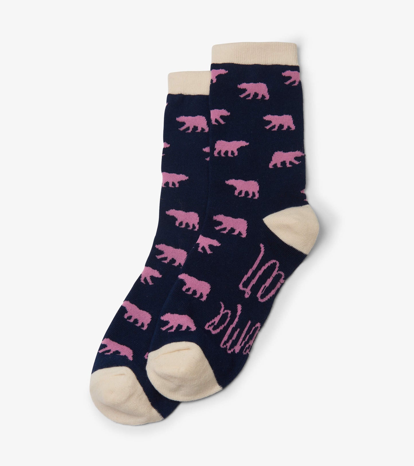 Navy crew socks featuring a pink bear pattern and cream-colored cuffs and toes. One size fits most.